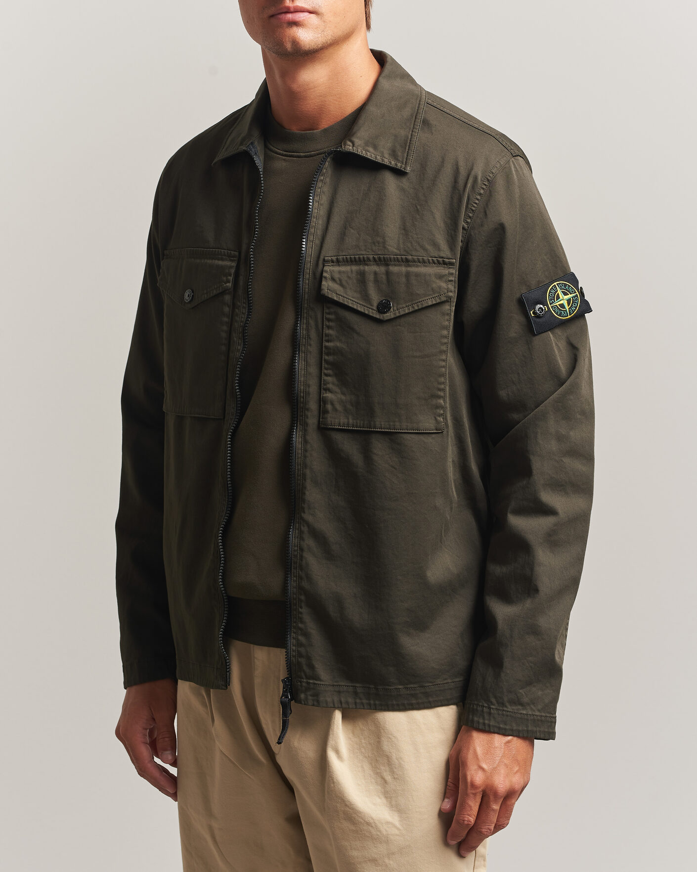 Men | Shirts | Stone Island | Organic Cotton Satin Stretch Zip Overshirt Grey