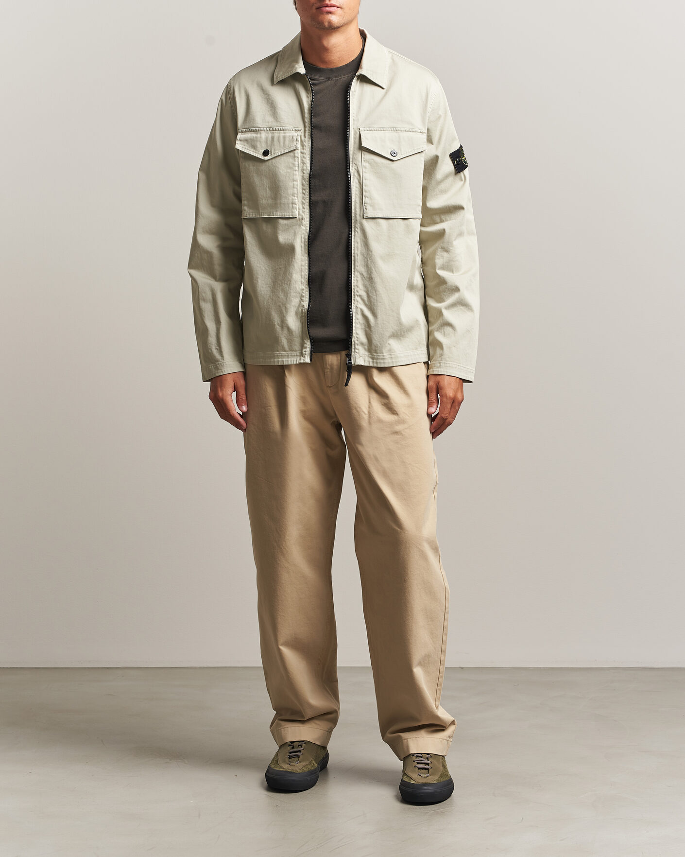 Men | Shirts | Stone Island | Organic Cotton Satin Stretch Zip Overshirt Sand