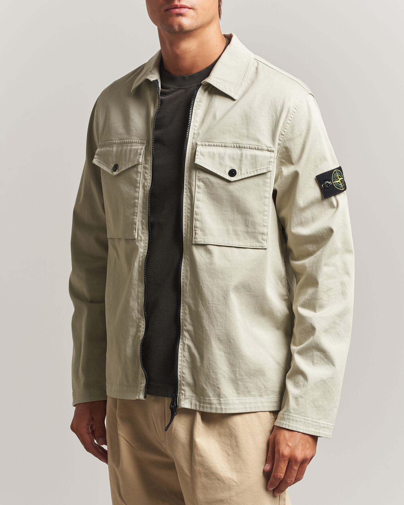 Men | Shirts | Stone Island | Organic Cotton Satin Stretch Zip Overshirt Sand