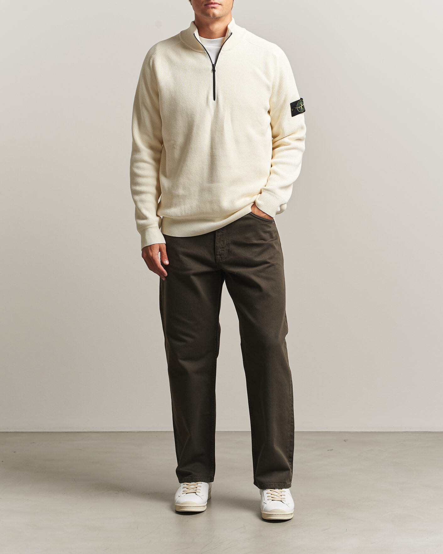 Men | Sweaters & Knitwear | Stone Island | Ribbed Soft Organic Cotton Half-Zip Ivory