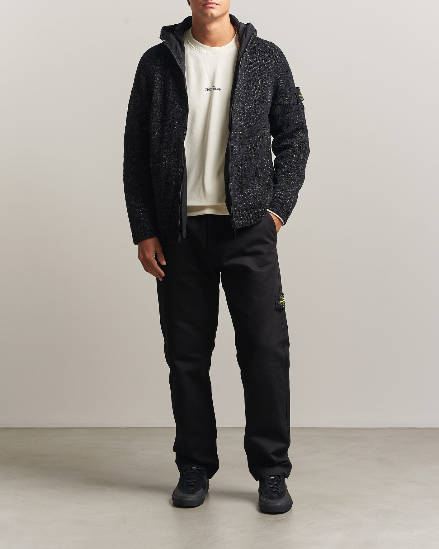 Men | Sweaters & Knitwear | Stone Island | Brushed Cotton/Nylon Reversible Zip Hood Black