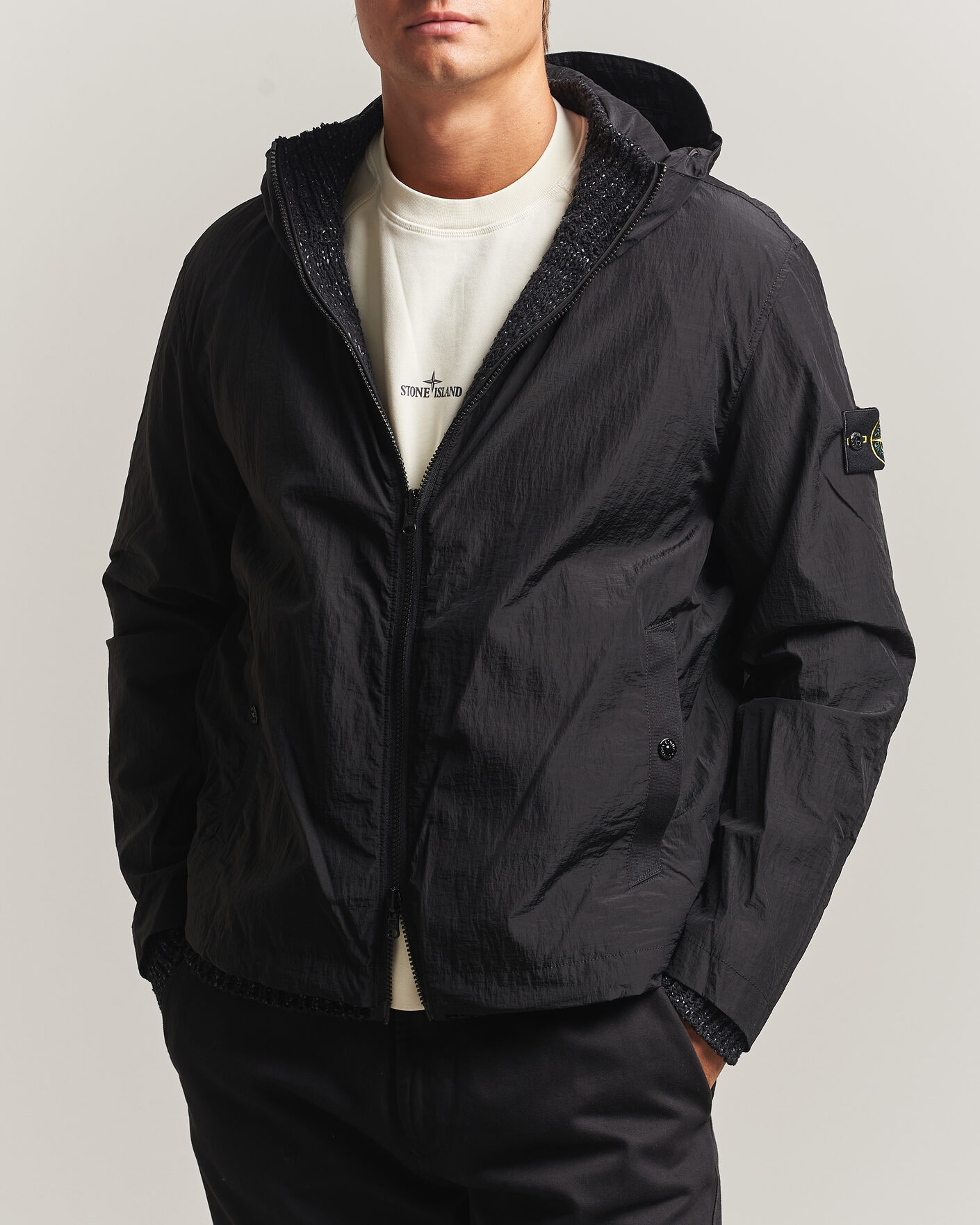Men | Sweaters & Knitwear | Stone Island | Brushed Cotton/Nylon Reversible Zip Hood Black