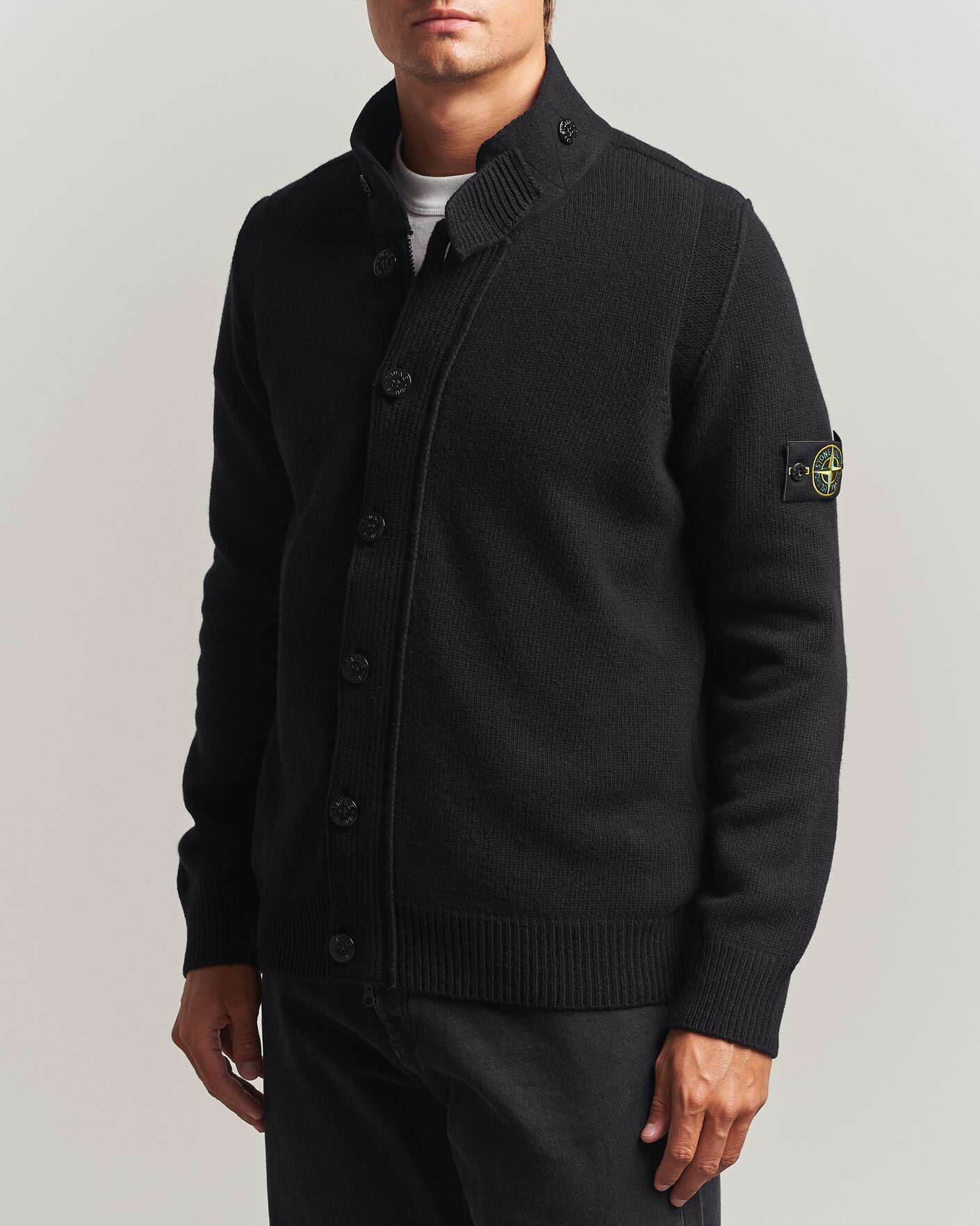 Stone Island Knitted Lambswool Zip Button Cardigan Black at
