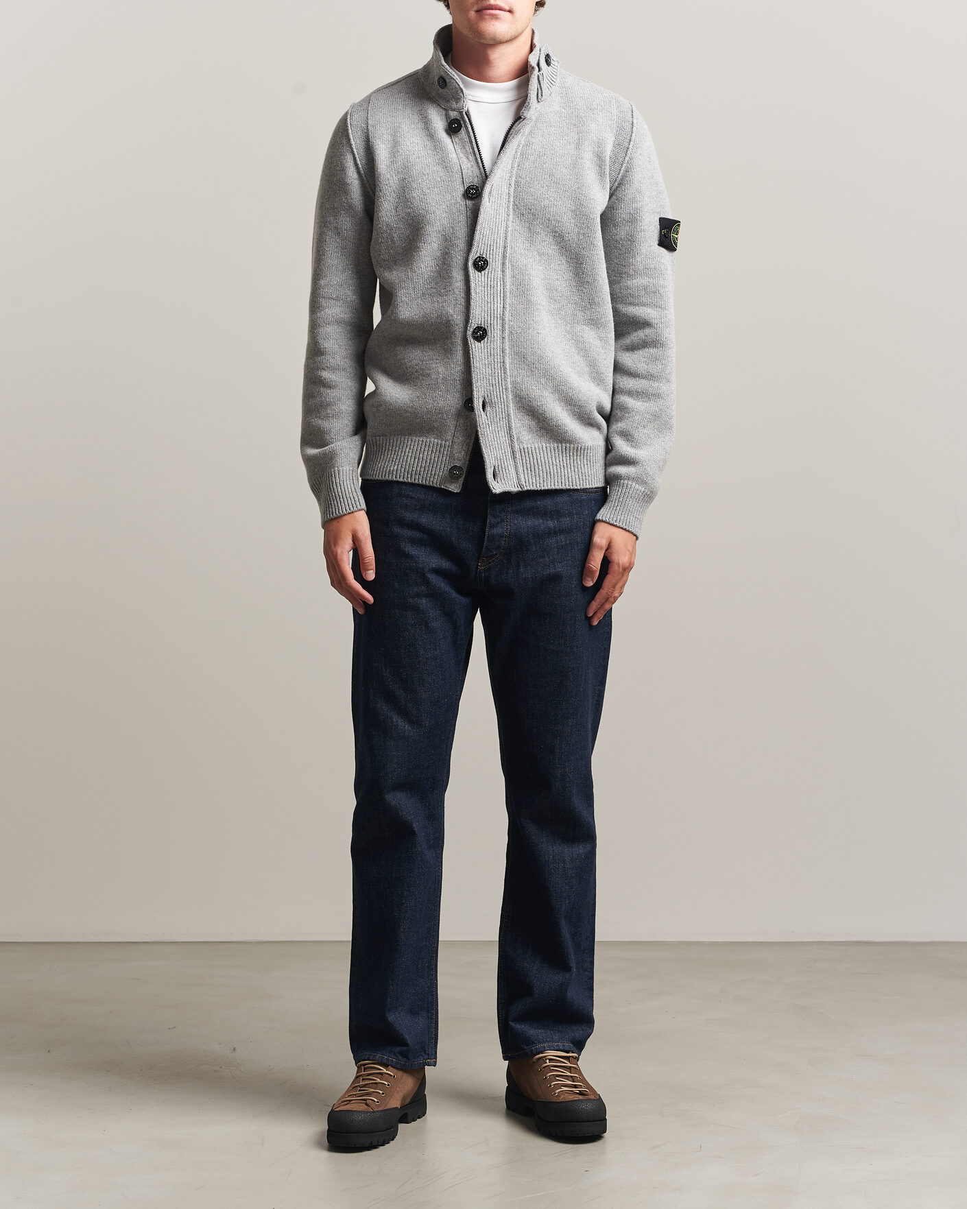 Men | Sweaters & Knitwear | Stone Island | Knitted Lambswool Zip Button Cardigan Grey Melange