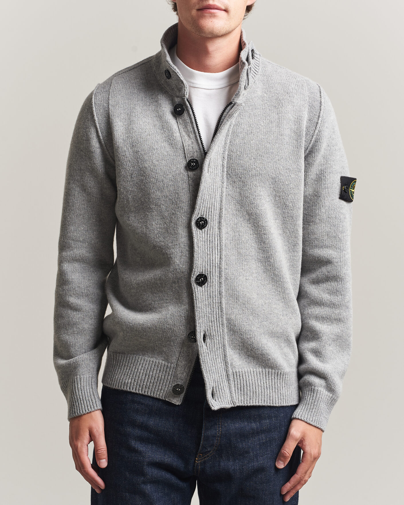stone  ブルゾン Stone Island Knitted Lambswool Zip Button Cardigan Grey Melange at