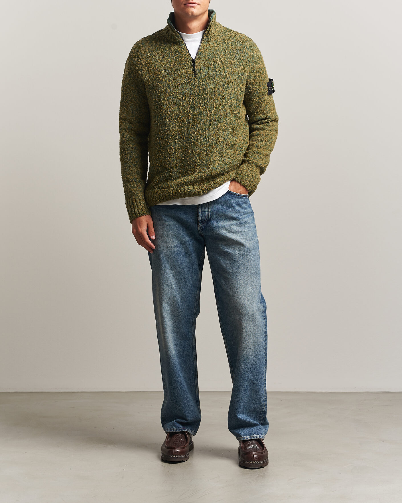 Men | Sweaters & Knitwear | Stone Island | Speckled Wool/Nylon Half Zip Dark Green Melange