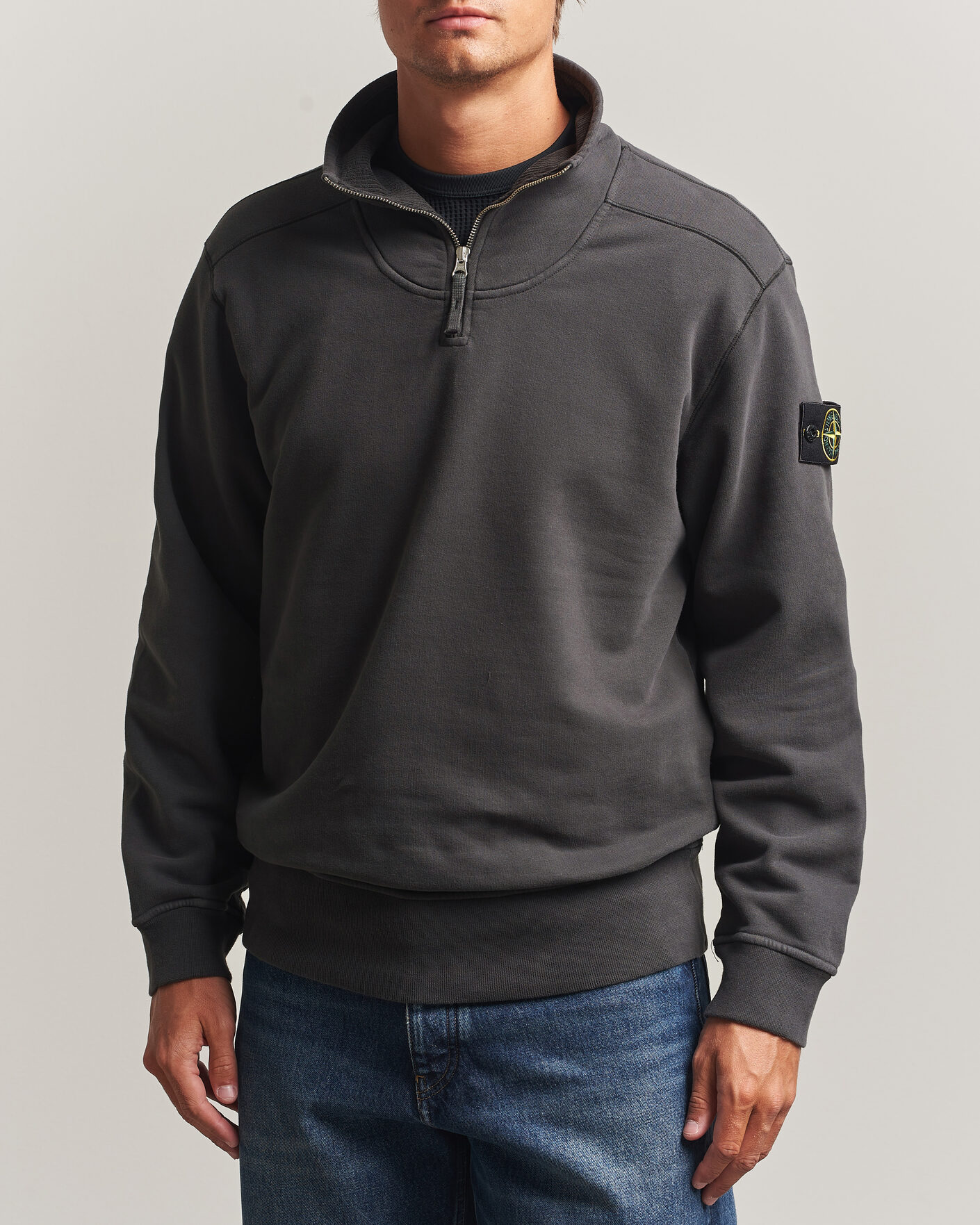 Stone Island Brushed Cotton Fleece Half Zip Lead Grey at