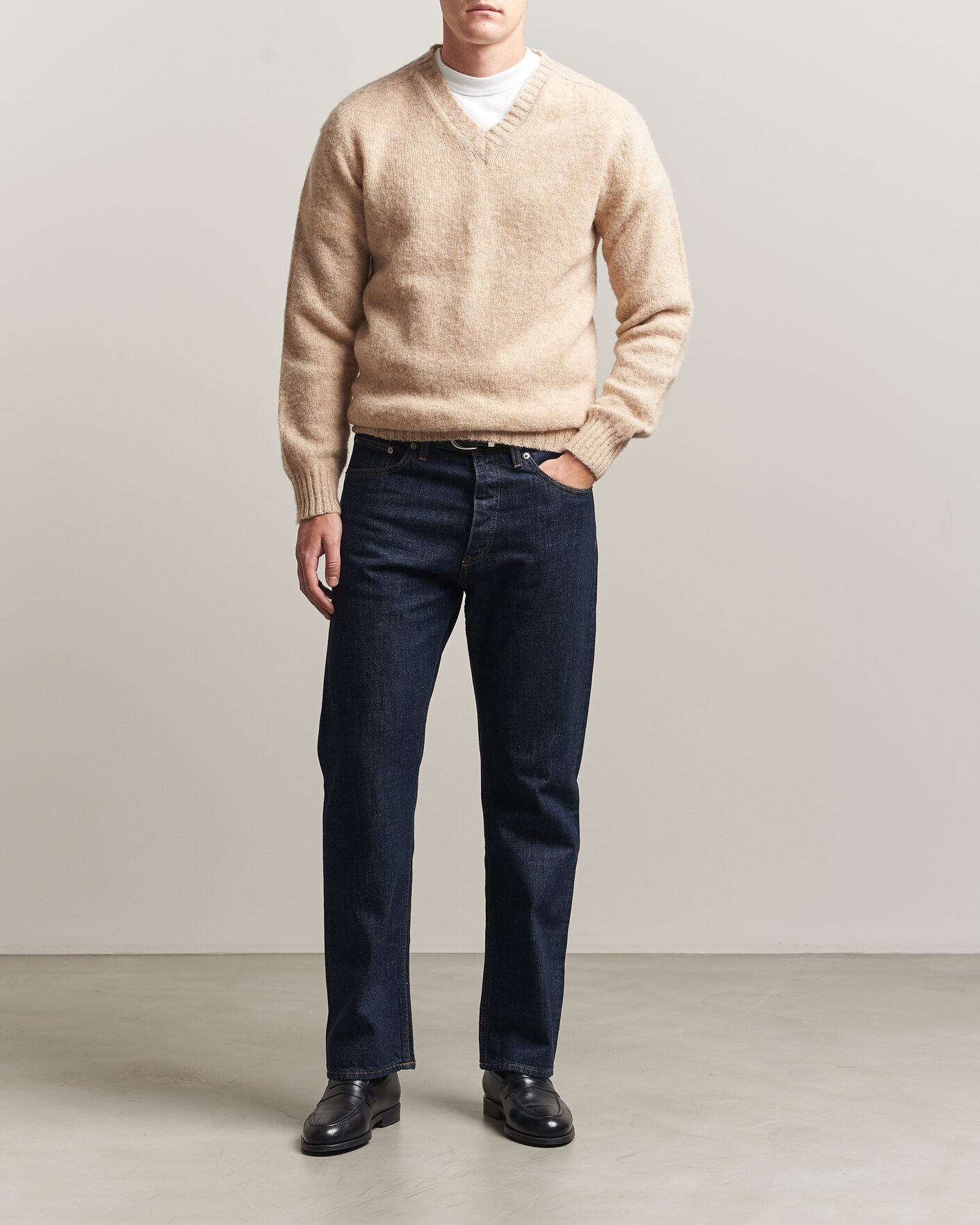 Men | Sweaters & Knitwear | Harley Of Scotland for Care of Carl | Brushed Supersoft Lambswool V-Neck Beige