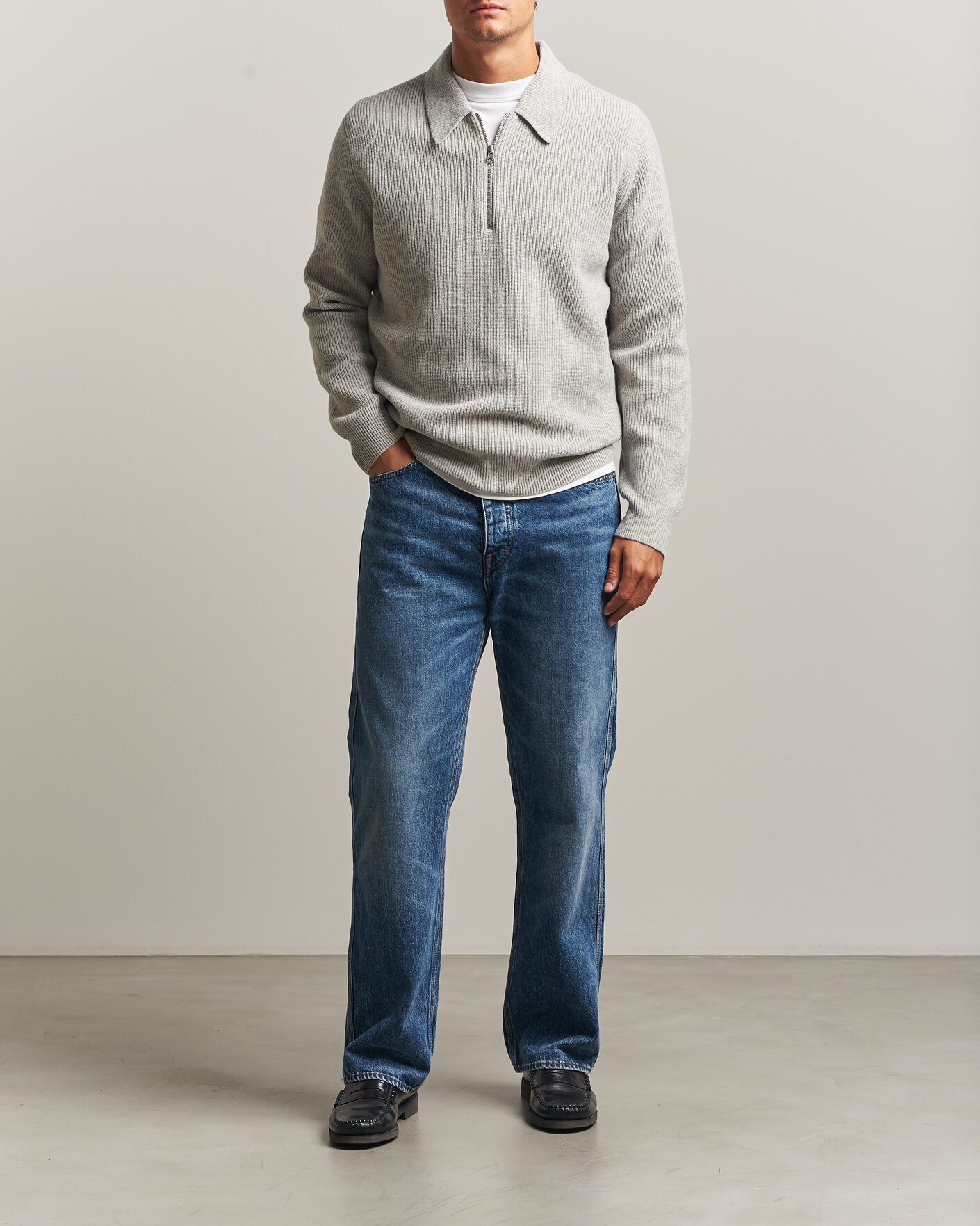 Men | Sweaters & Knitwear | Samsøe Samsøe | Isak Knitted Half Zip Polo Grey Melange