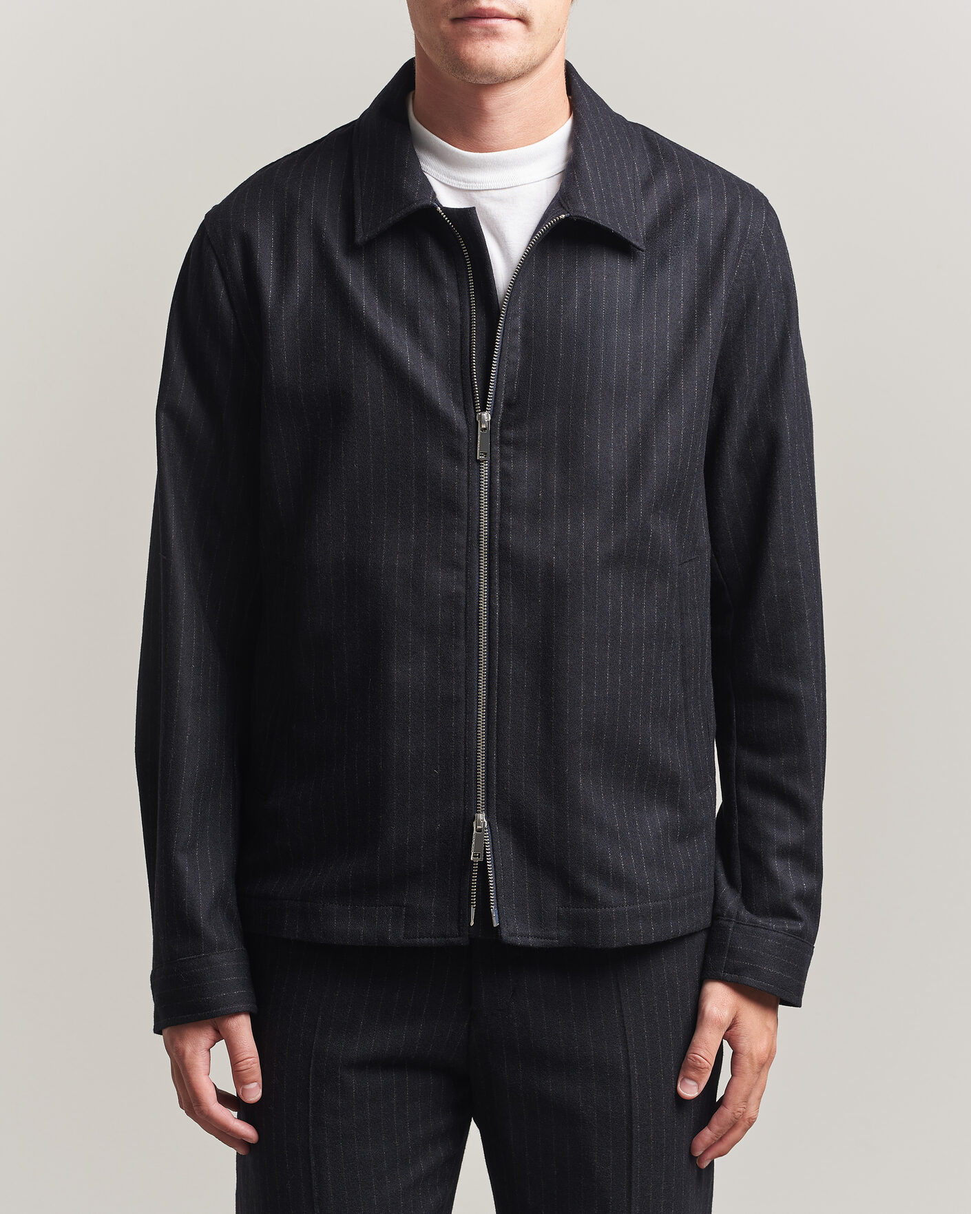 Men | Coats & Jackets | Tiger of Sweden | Barnaby Wool Pinstriped Shirt Jacket Blue Function