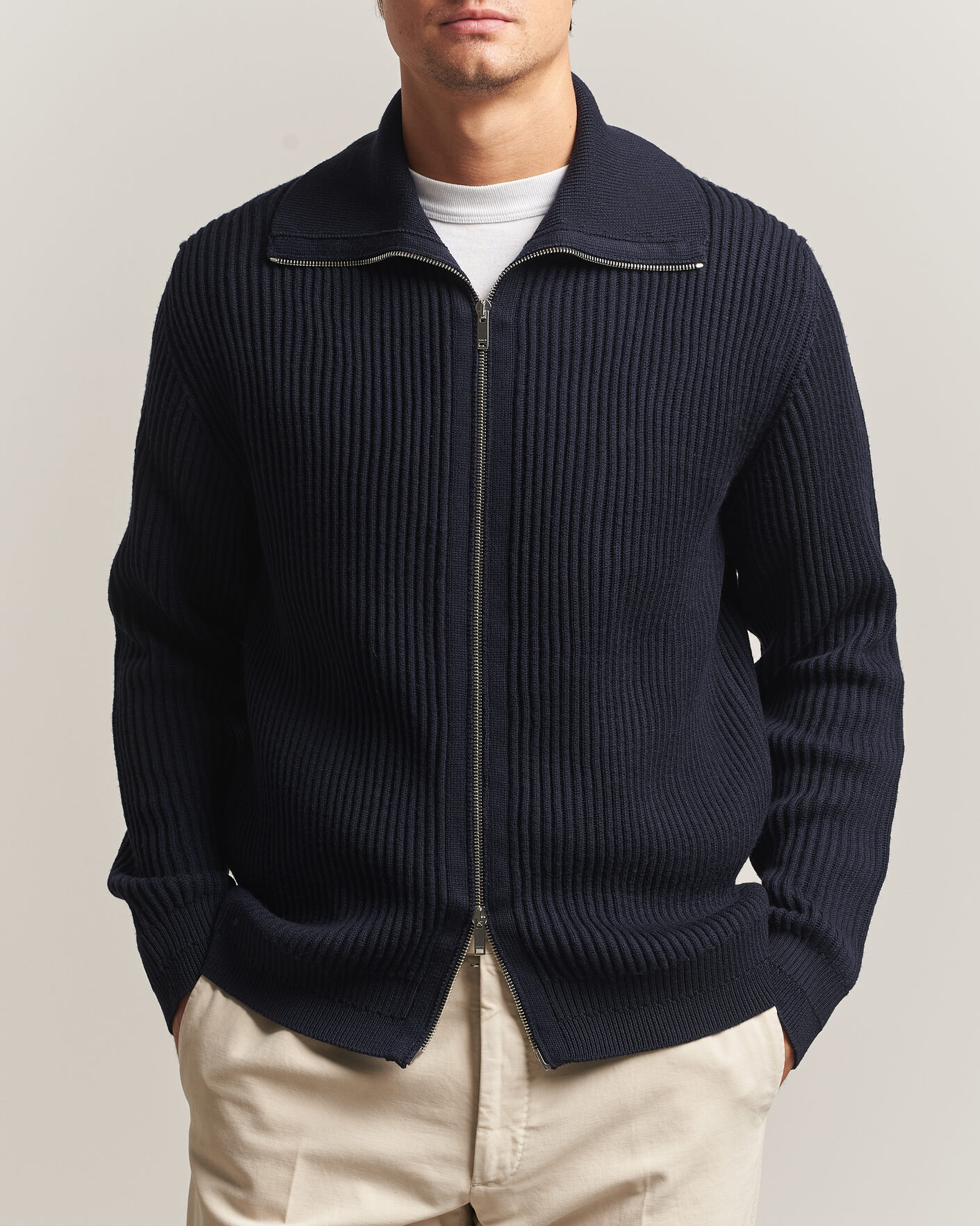Men | Sweaters & Knitwear | Zanone | Fishermans Rib Full Zip Cardigan Navy