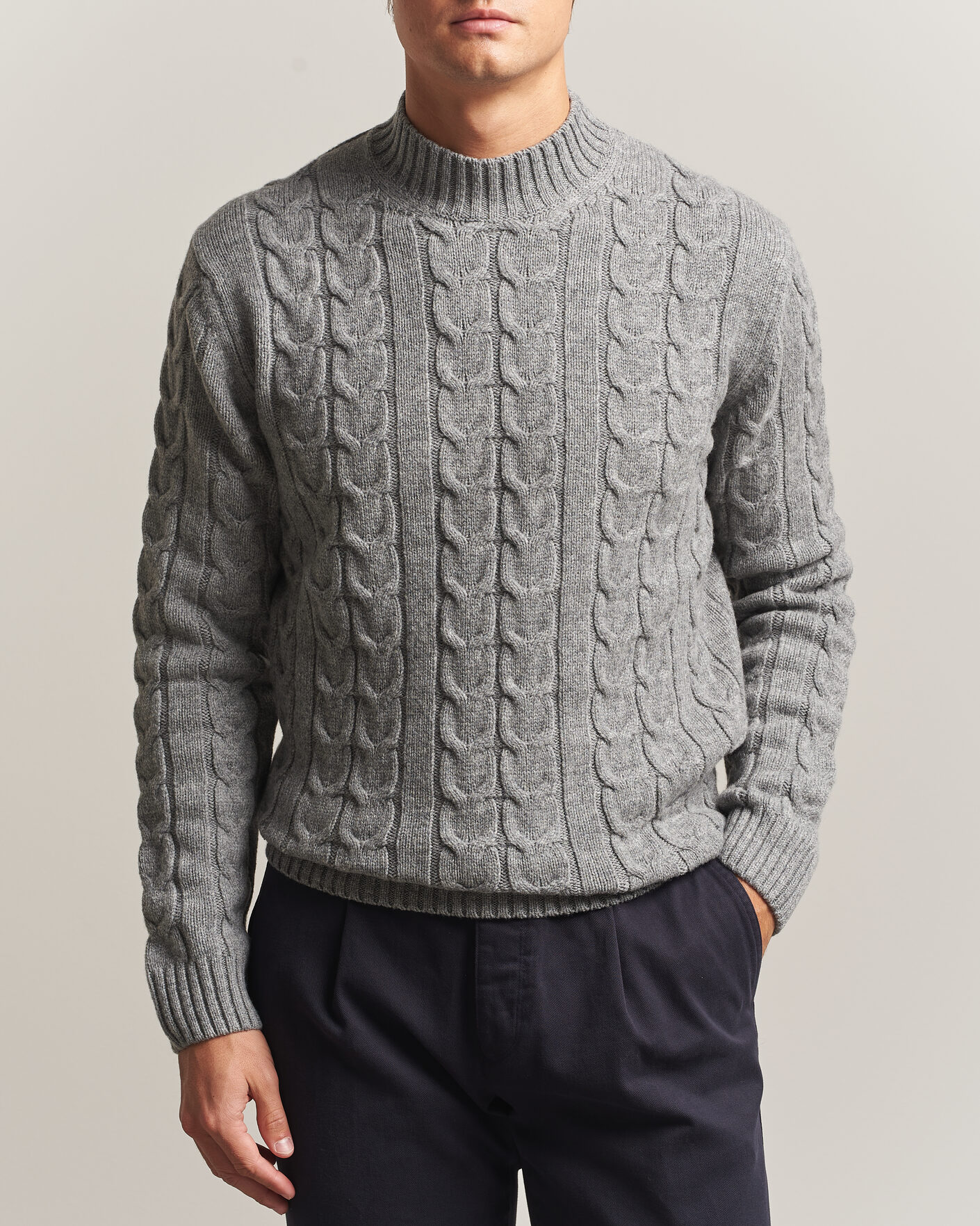 Men | Sweaters & Knitwear | Zanone | Double Cable Crew Neck Grey Melange