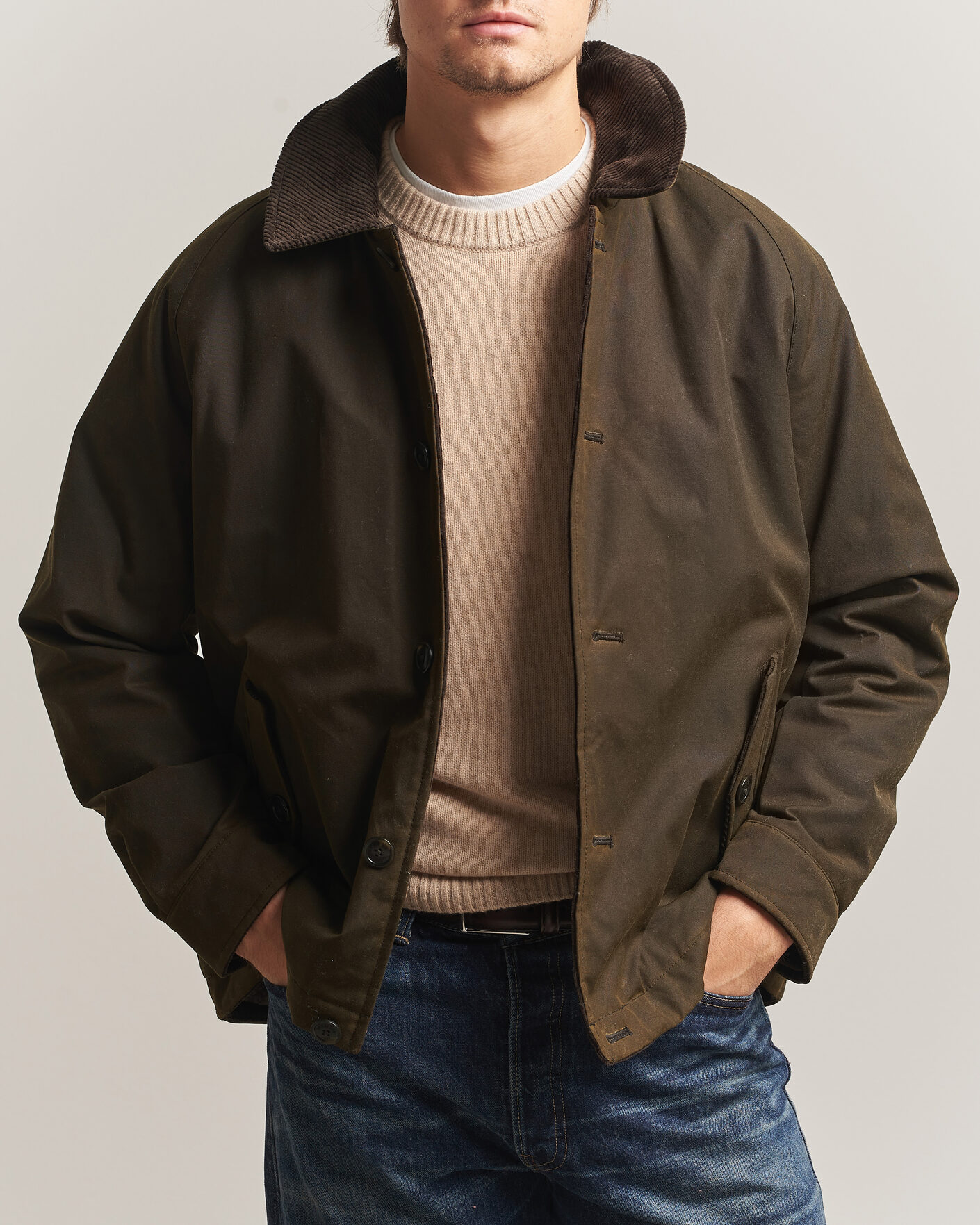 Men | Coats & Jackets | Baracuta | Waxed Sherling Lined Deck Jacket Deep Moss