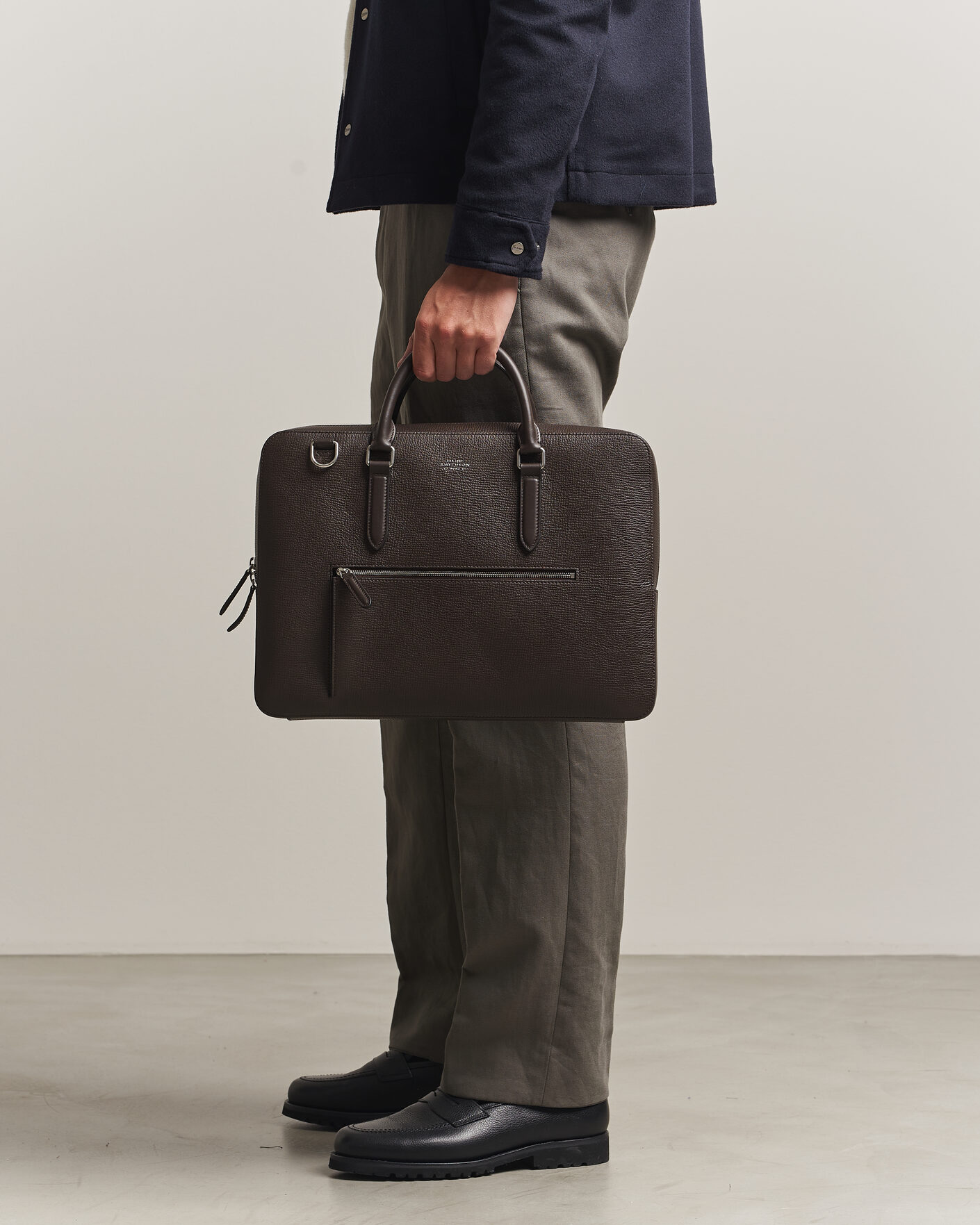 Smythson Ludlow Slim Briefcase With Zip Front Dark Brown at