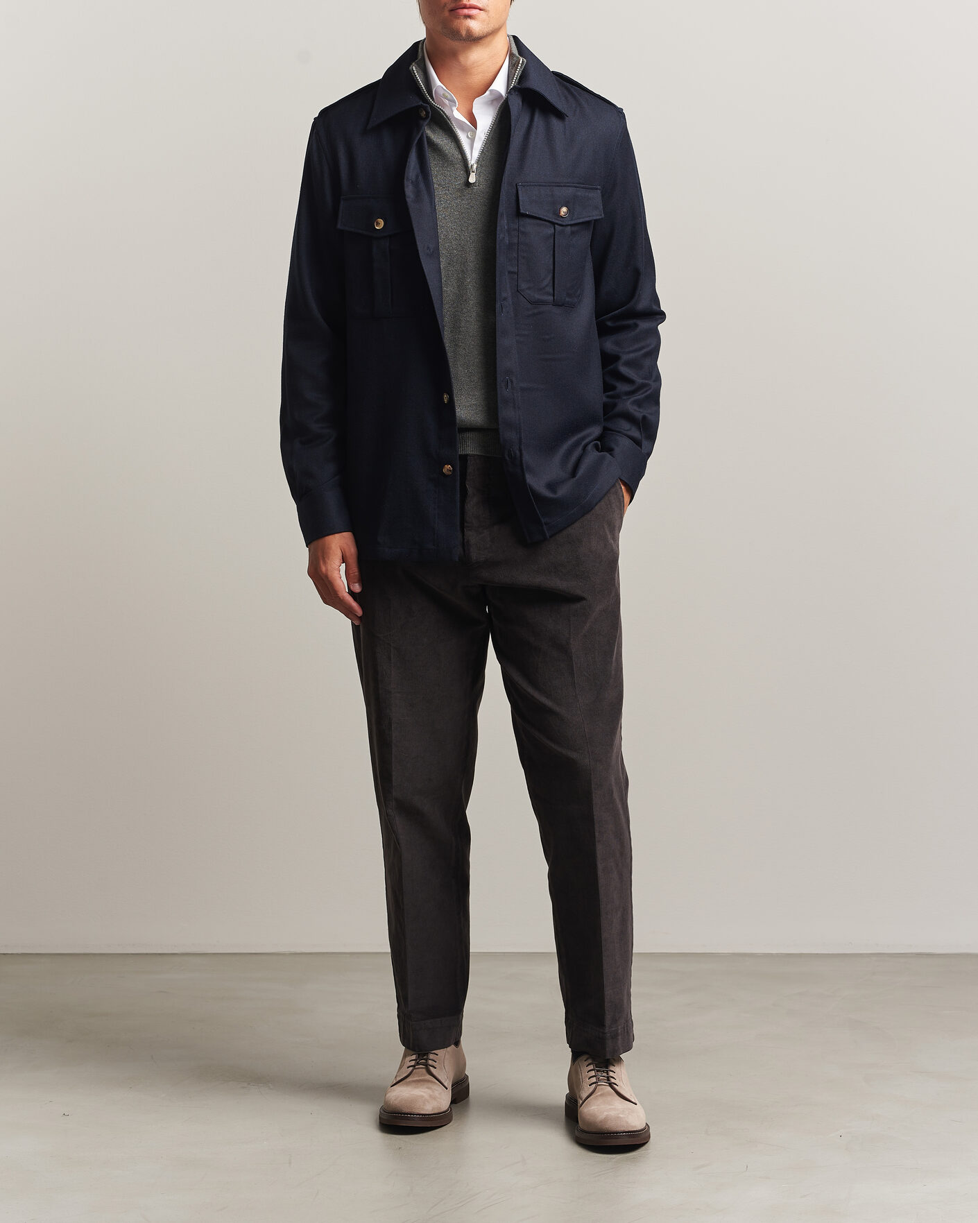 Men | Shirts | Brunello Cucinelli | Flannel Double Pocket Overshirt Navy