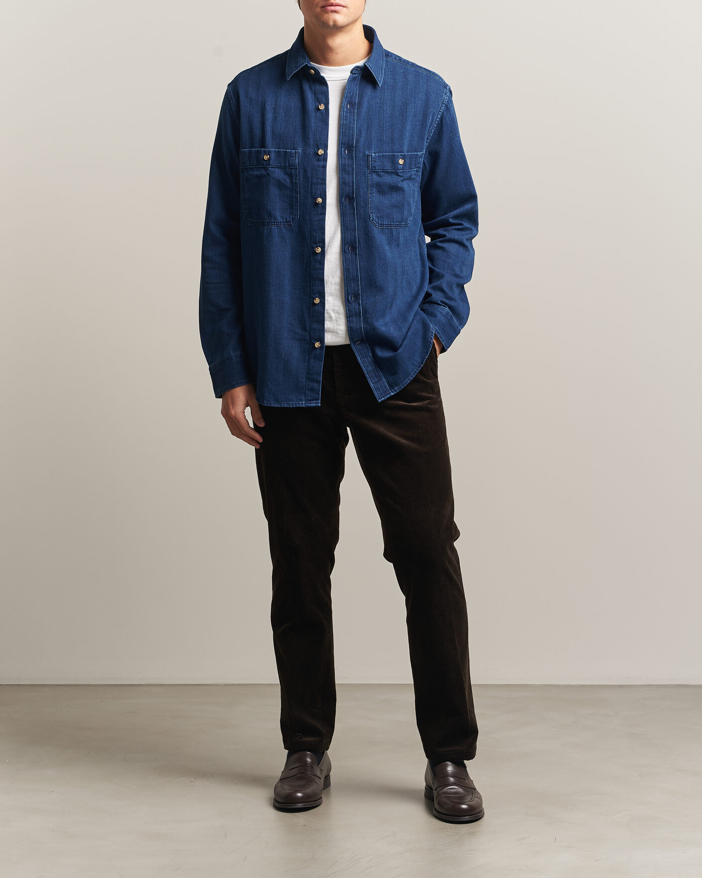 Men | Shirts | Gant | Regular Fit Indigo Herringbone Overshirt Mid Blue