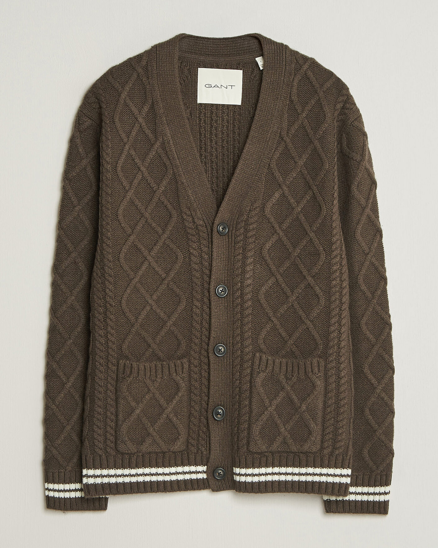 Men | Sweaters & Knitwear | Gant | Wool Cable Knitted Cardigan Shadow Brown