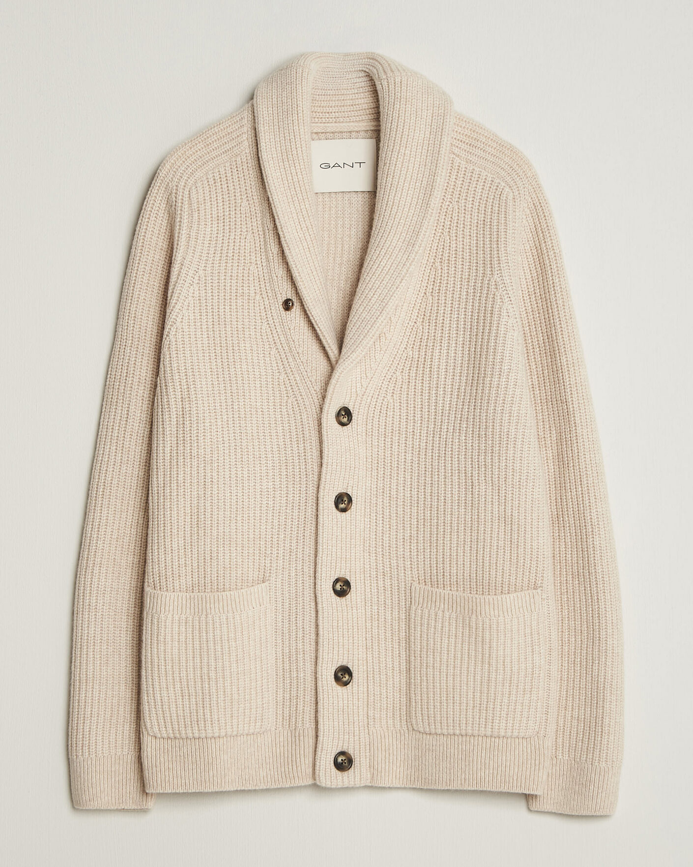 Men | Sweaters & Knitwear | Gant | Wool/Cotton Ribbed Shawl Collar Cardigan Light Beige