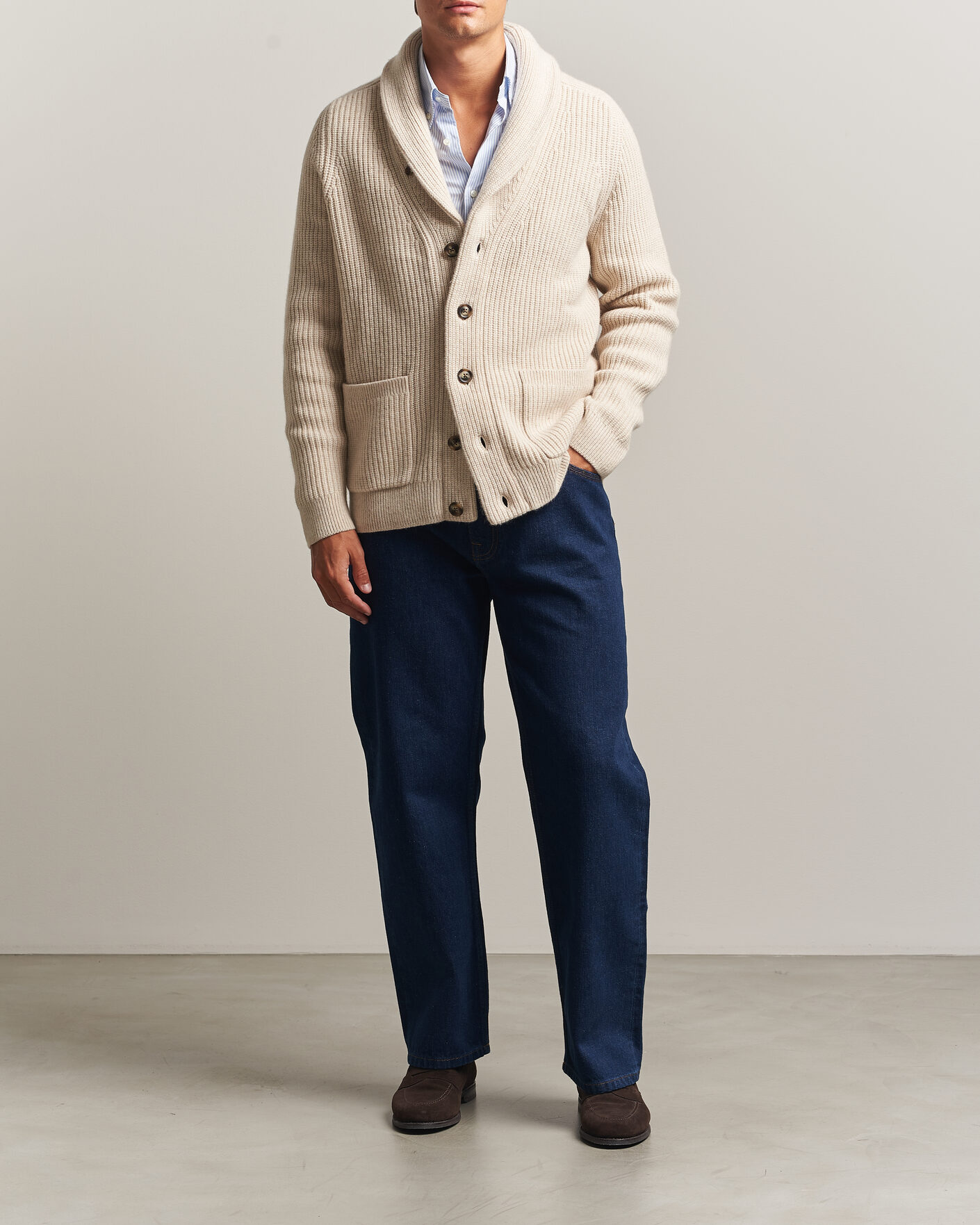 Men | Sweaters & Knitwear | Gant | Wool/Cotton Ribbed Shawl Collar Cardigan Light Beige