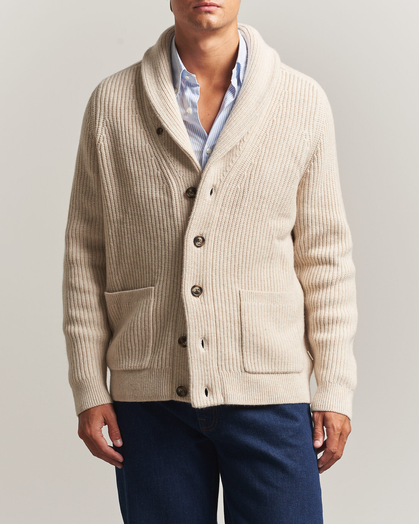 Men | Sweaters & Knitwear | Gant | Wool/Cotton Ribbed Shawl Collar Cardigan Light Beige