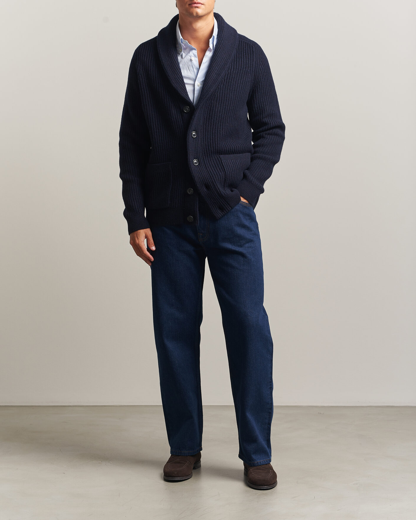Men | Sweaters & Knitwear | Gant | Wool/Cotton Ribbed Shawl Collar Cardigan Evening Blue