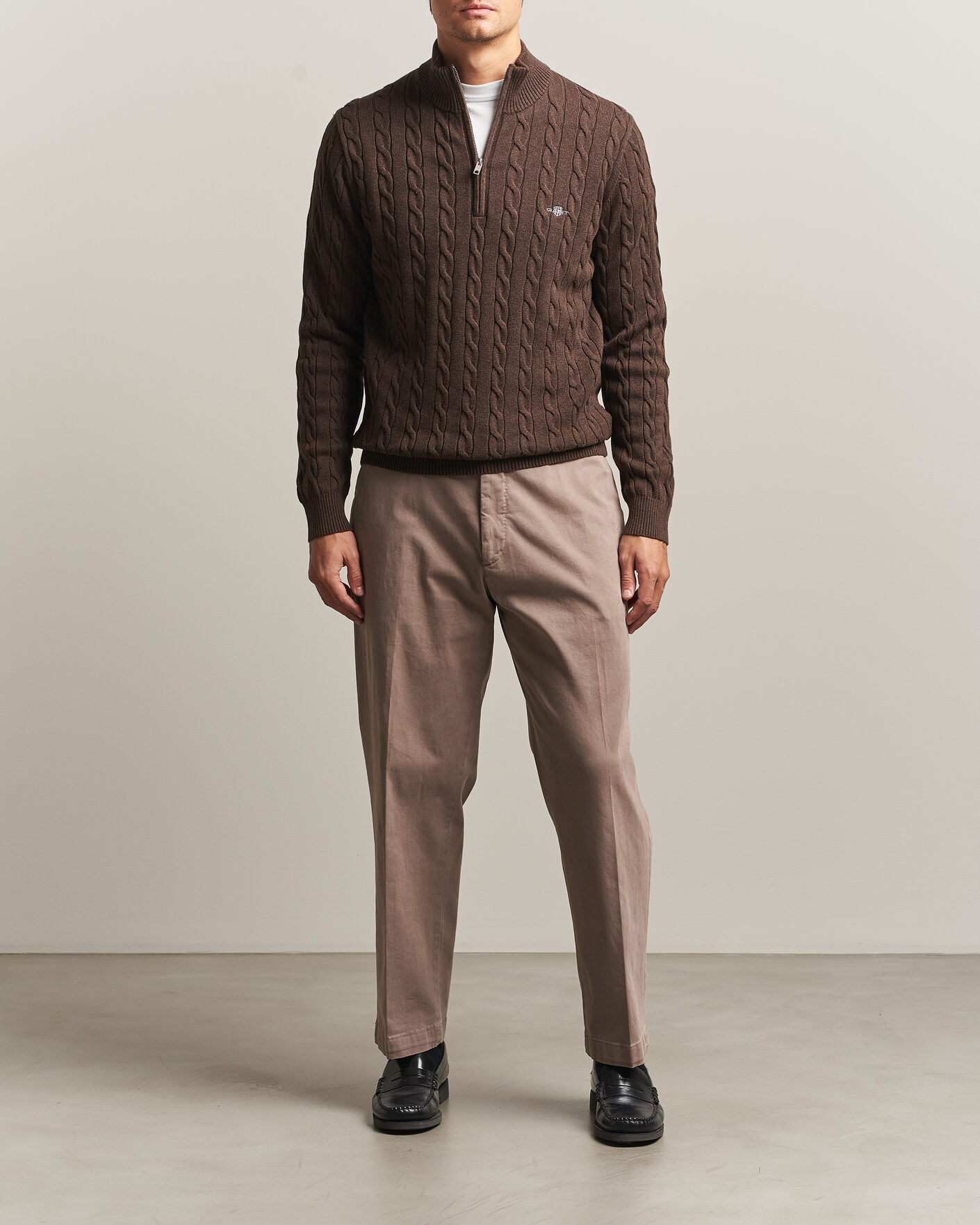 Men | Sweaters & Knitwear | Gant | Cotton Cable Half Zip Black Brown Melange