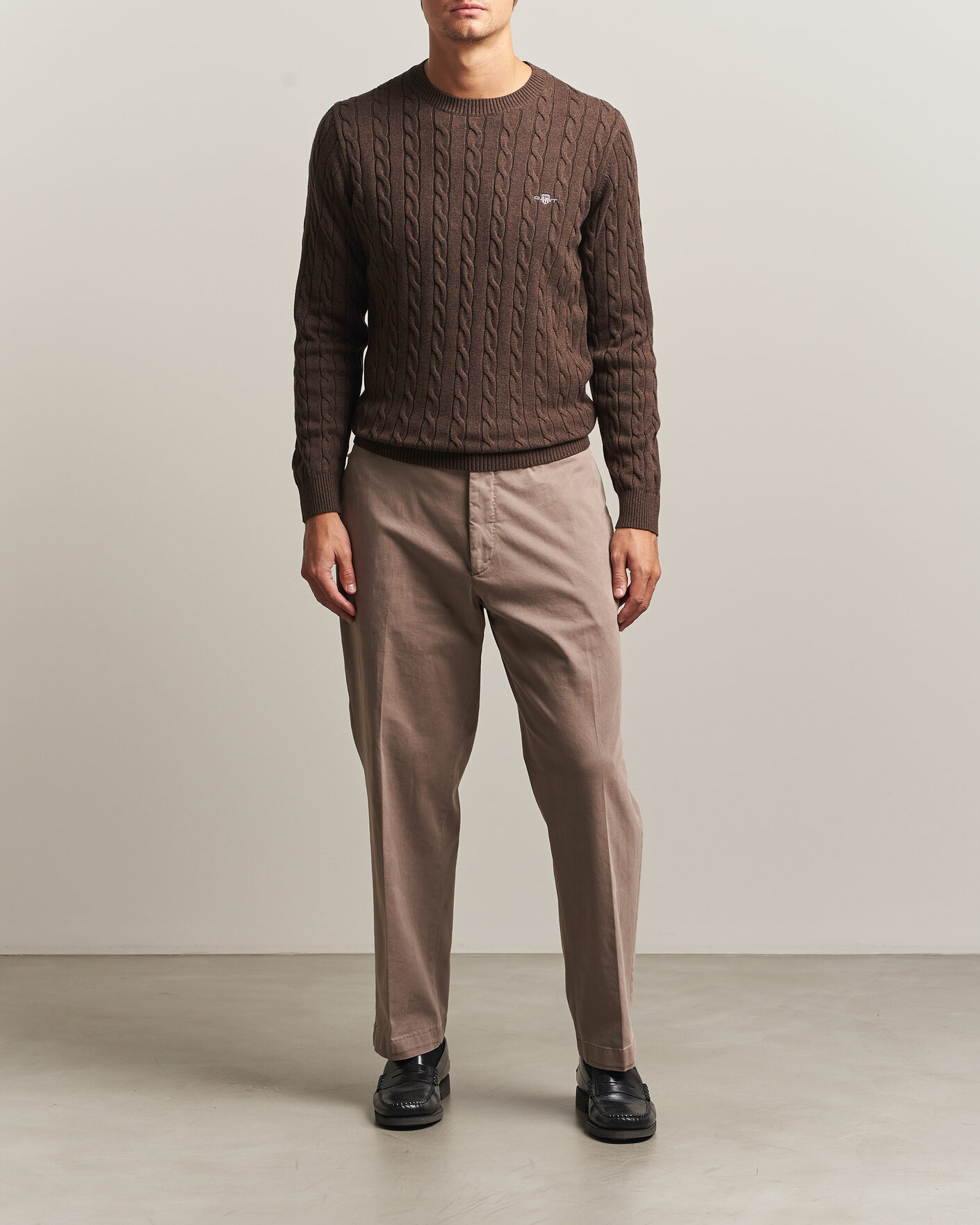 Men | Sweaters & Knitwear | Gant | Cotton Cable Crew Neck Black Brown Melange