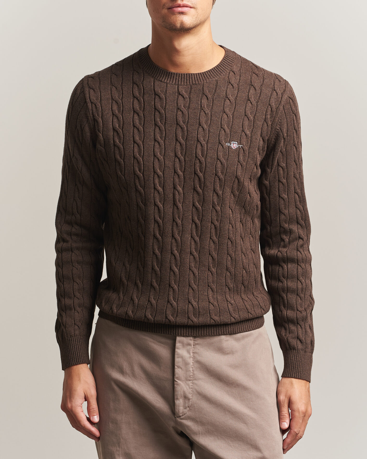 Men | Sweaters & Knitwear | Gant | Cotton Cable Crew Neck Black Brown Melange