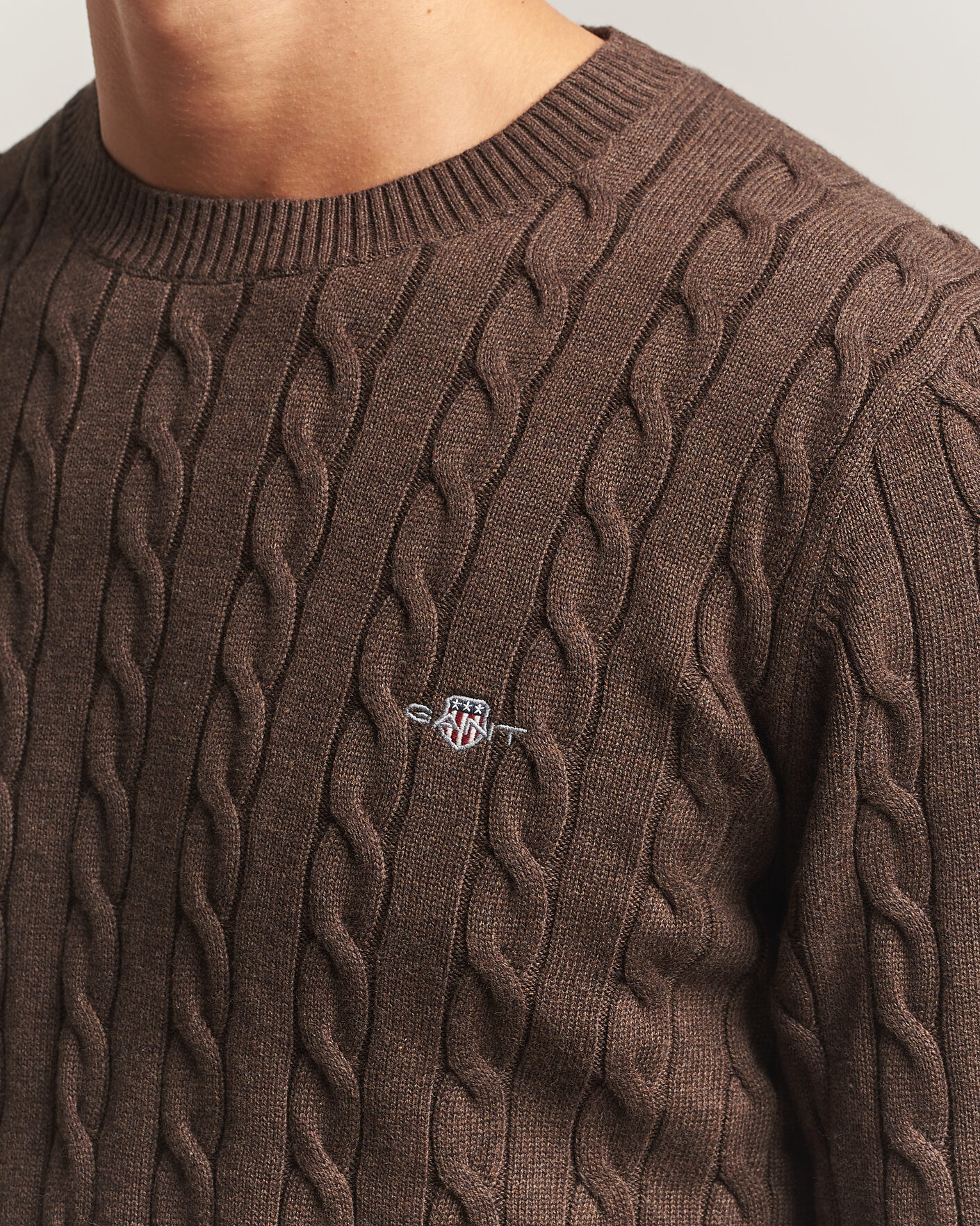 Men | Sweaters & Knitwear | Gant | Cotton Cable Crew Neck Black Brown Melange