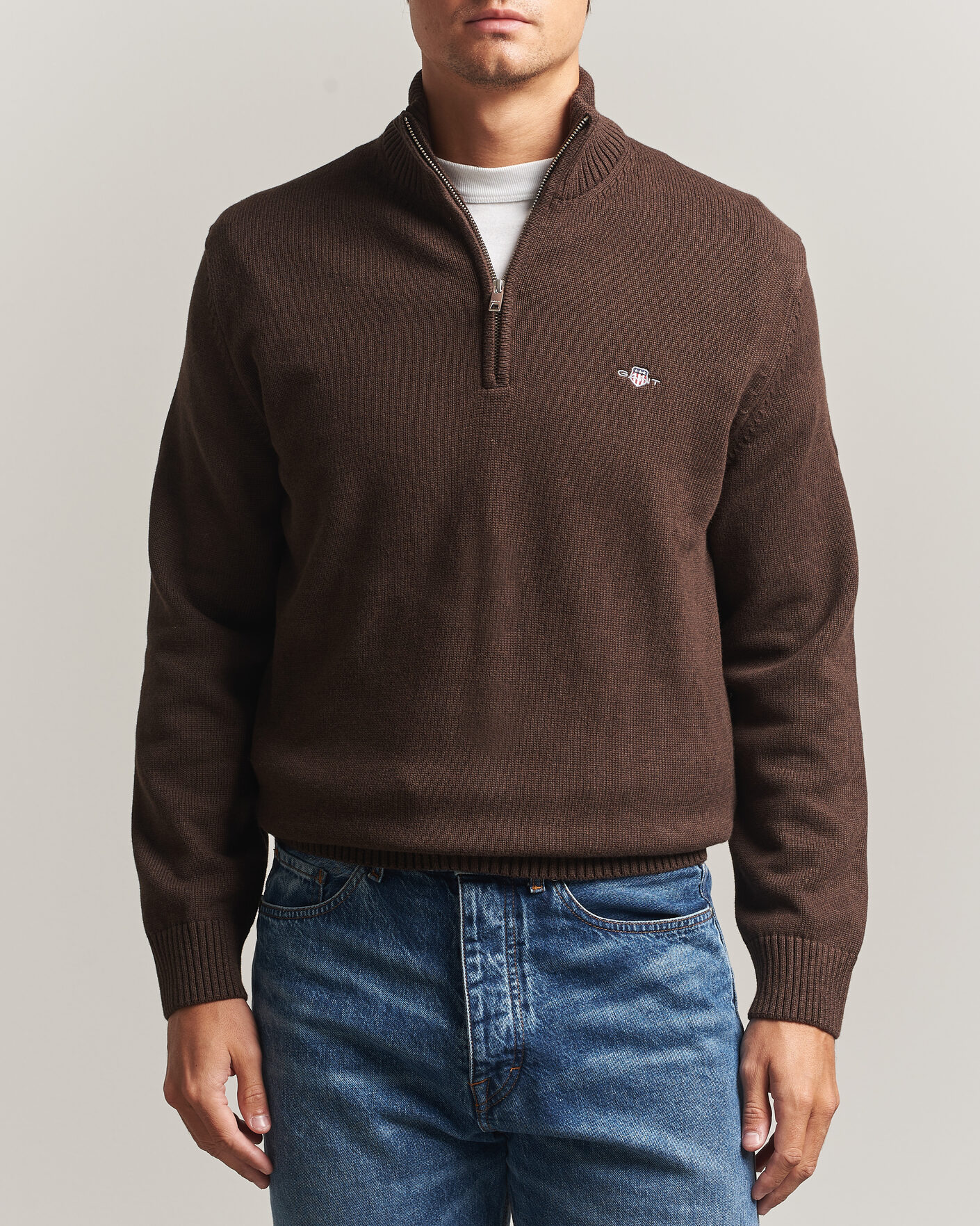 Men | Sweaters & Knitwear | Gant | Casual Cotton Half Zip Black Brown Melange