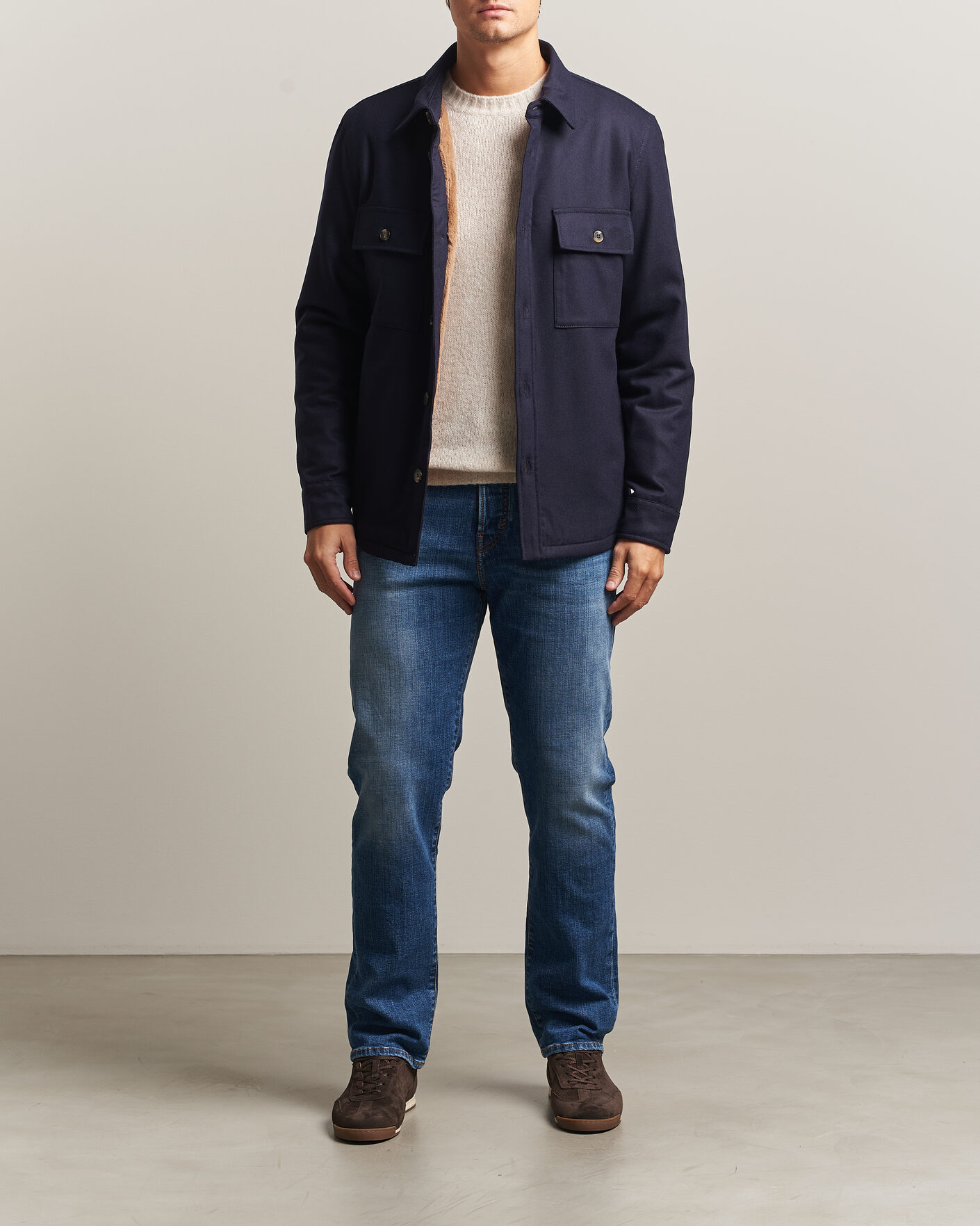 Men | Coats & Jackets | Jacob Cohën | Wool Flannel Eco Fur Lined Shirt Jacket Navy