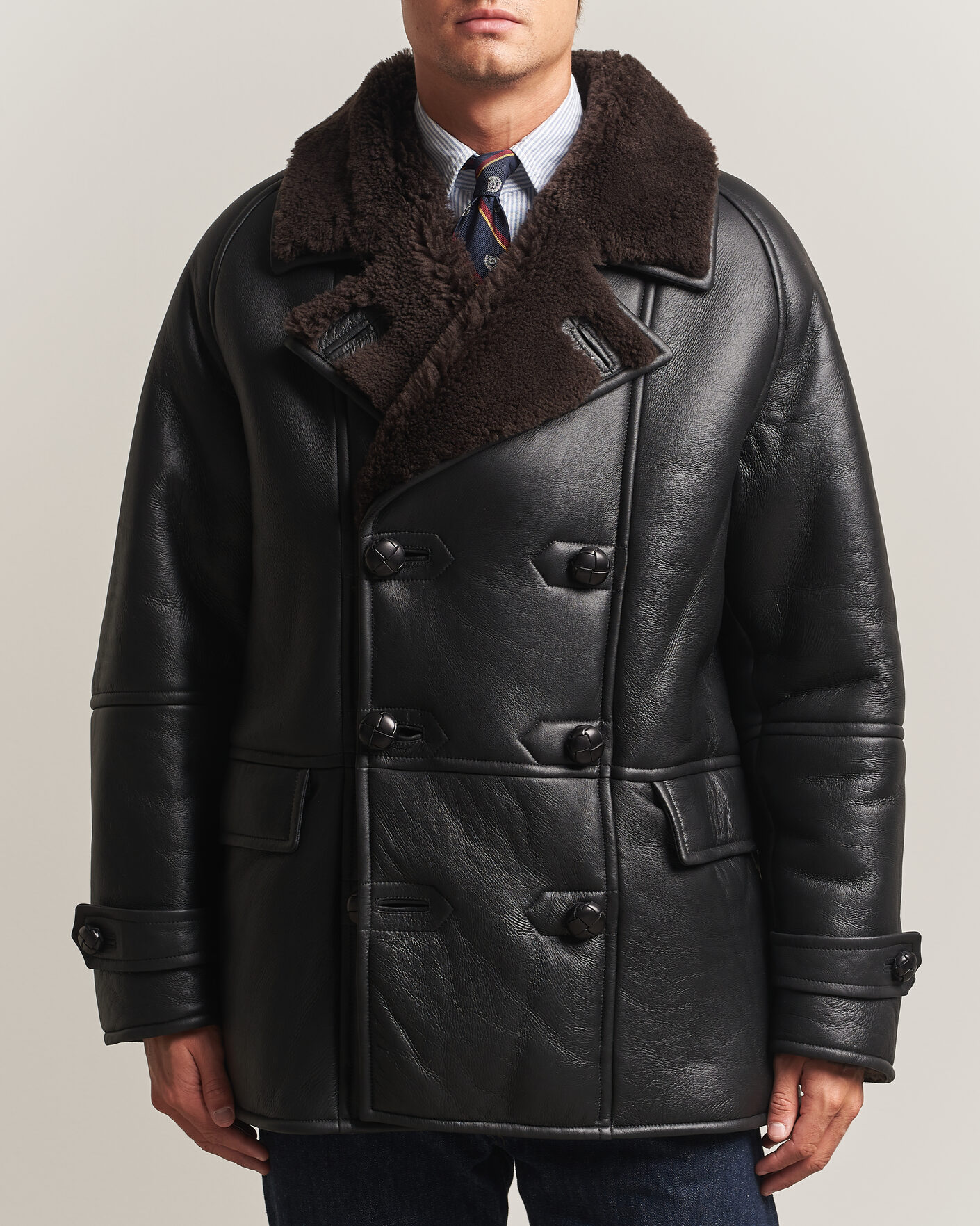 Men | Coats & Jackets | Gant | Shearling Leather Peacoat Black