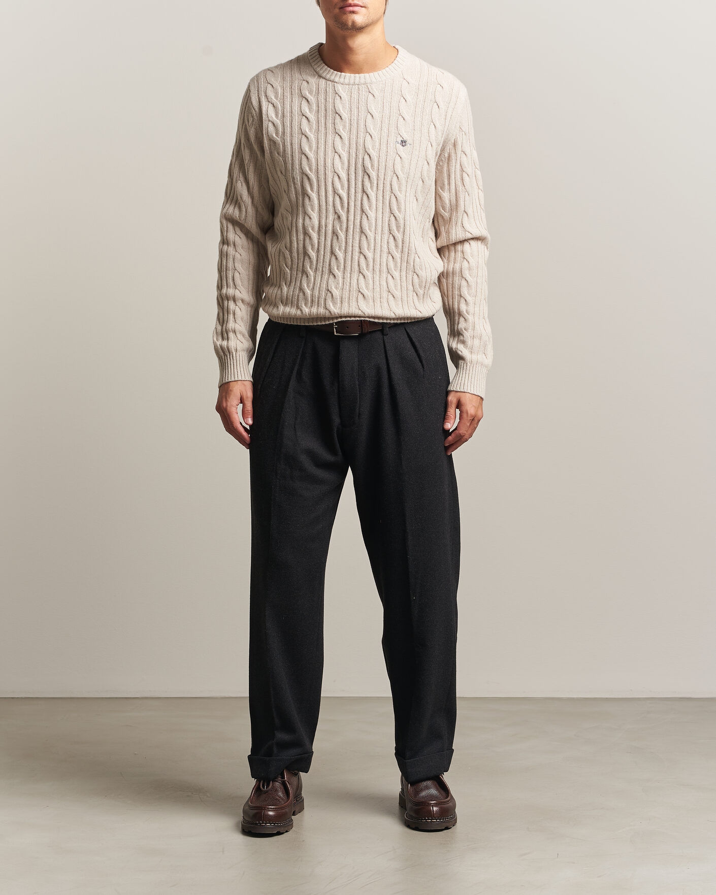 Men | Sweaters & Knitwear | Gant | Lambswool Cable Crew Neck Clay Beige
