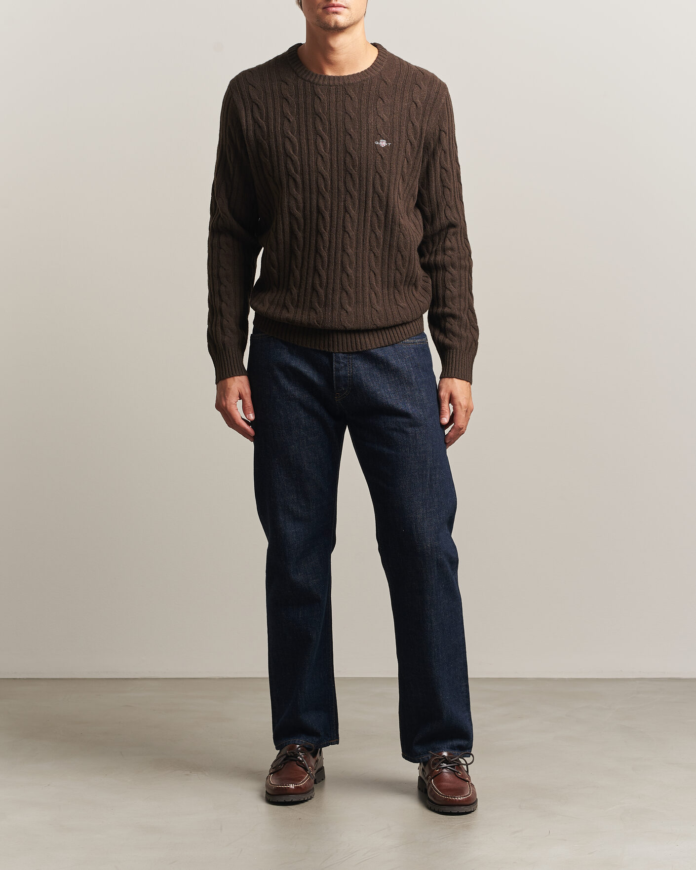 Men | Sweaters & Knitwear | Gant | Lambswool Cable Crew Neck Black Brown