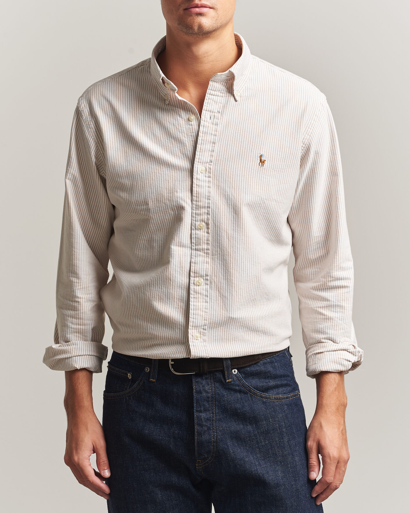 Men | Shirts | Polo Ralph Lauren | Custom Fit Striped Oxford Shirt Camel/White