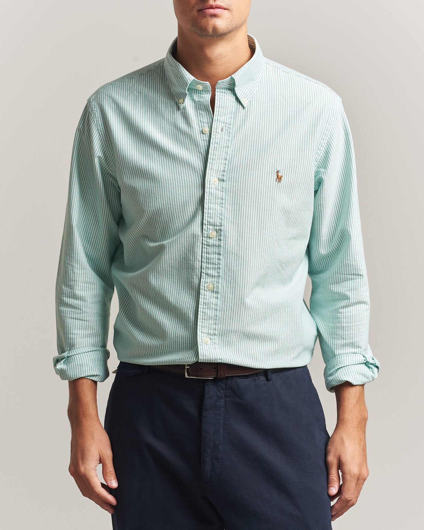 Men | Shirts | Polo Ralph Lauren | Custom Fit Striped Oxford Shirt Scarab Green/White