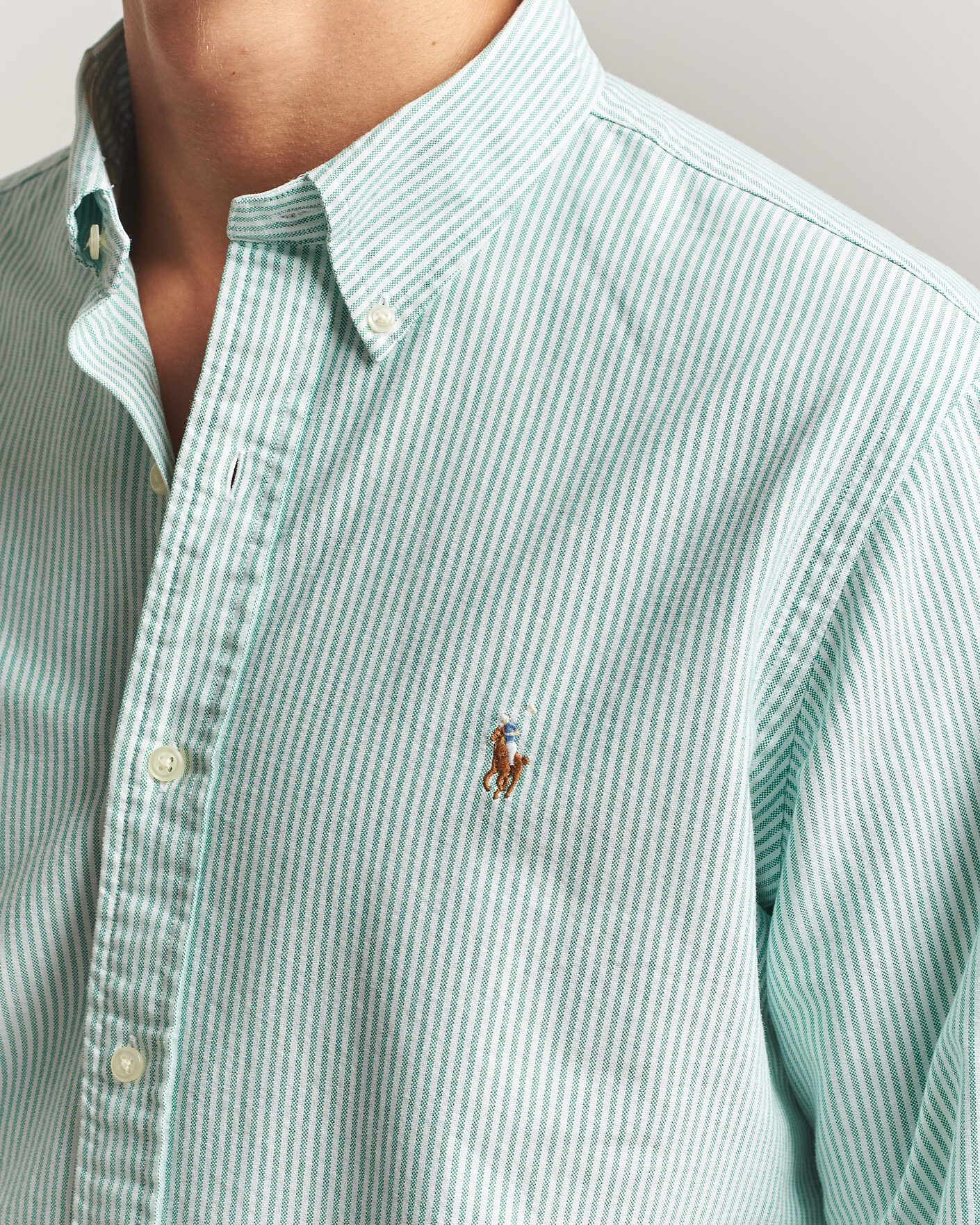Men | Shirts | Polo Ralph Lauren | Custom Fit Striped Oxford Shirt Scarab Green/White