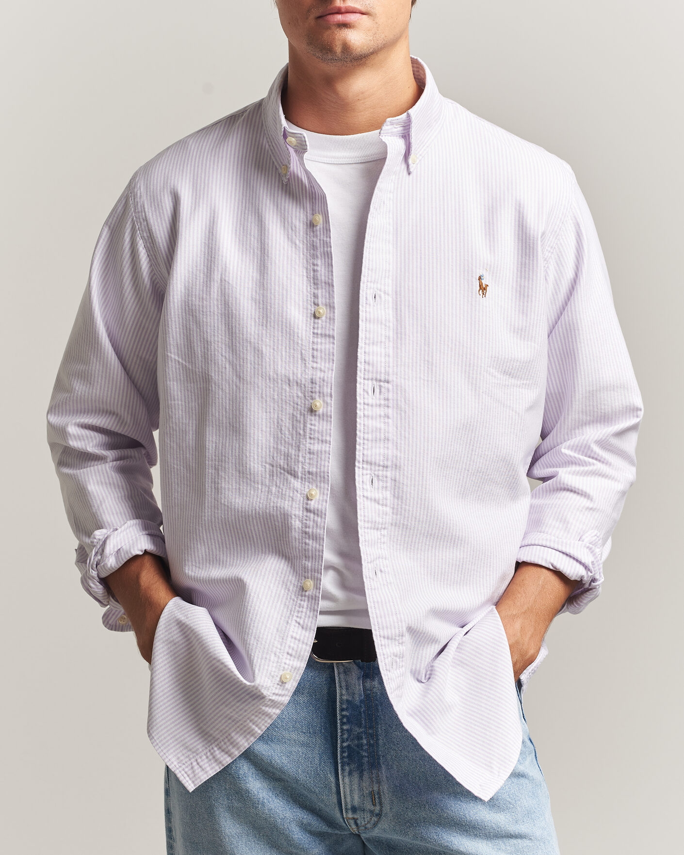 Men | Shirts | Polo Ralph Lauren | Custom Fit Striped Oxford Shirt Lilac/White