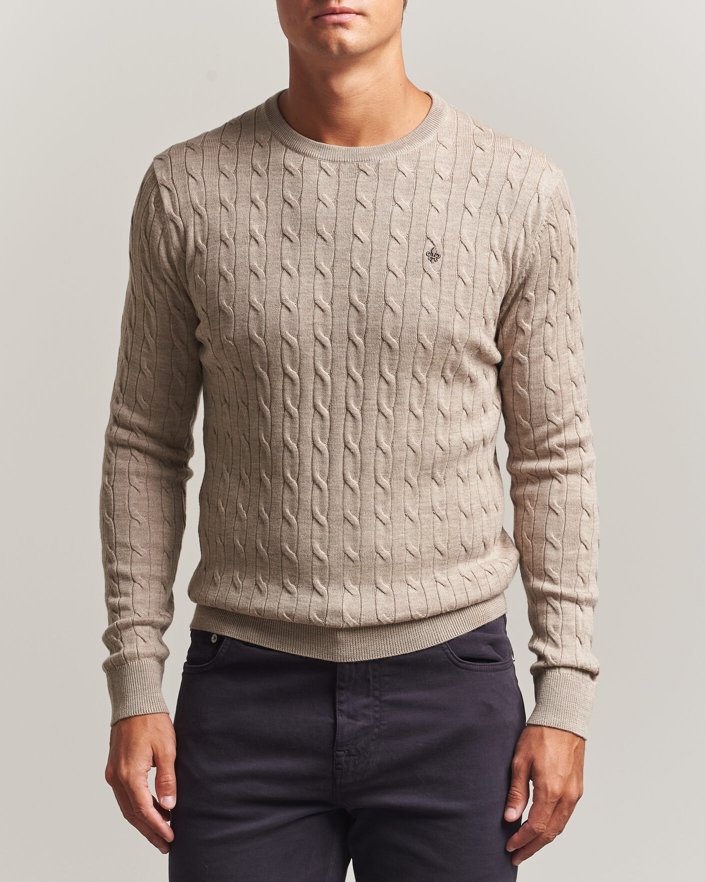Men | Sweaters & Knitwear | Morris | Merino Cable O-Neck Khaki