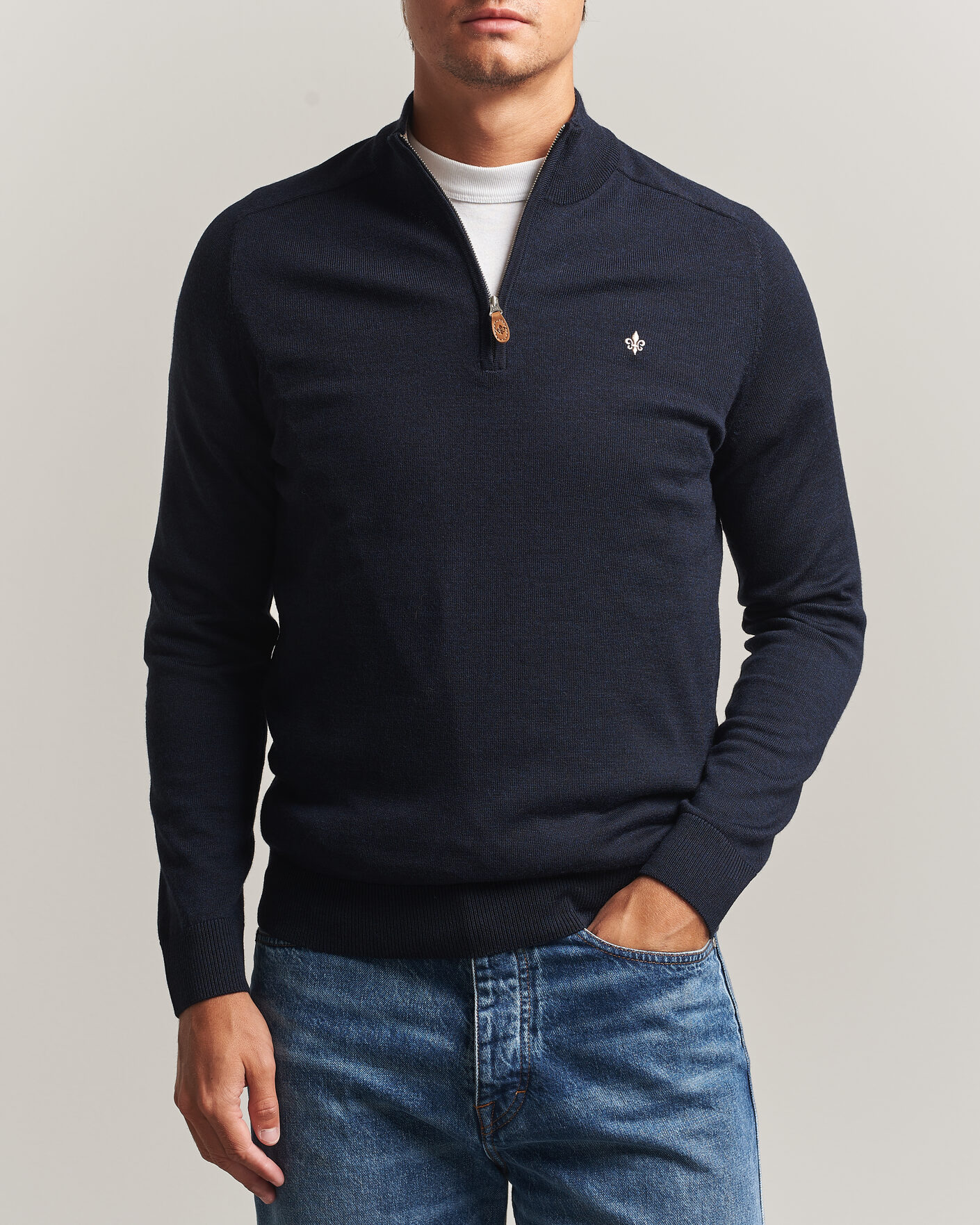 Men | Sweaters & Knitwear | Morris | John Merino Half Zip Navy