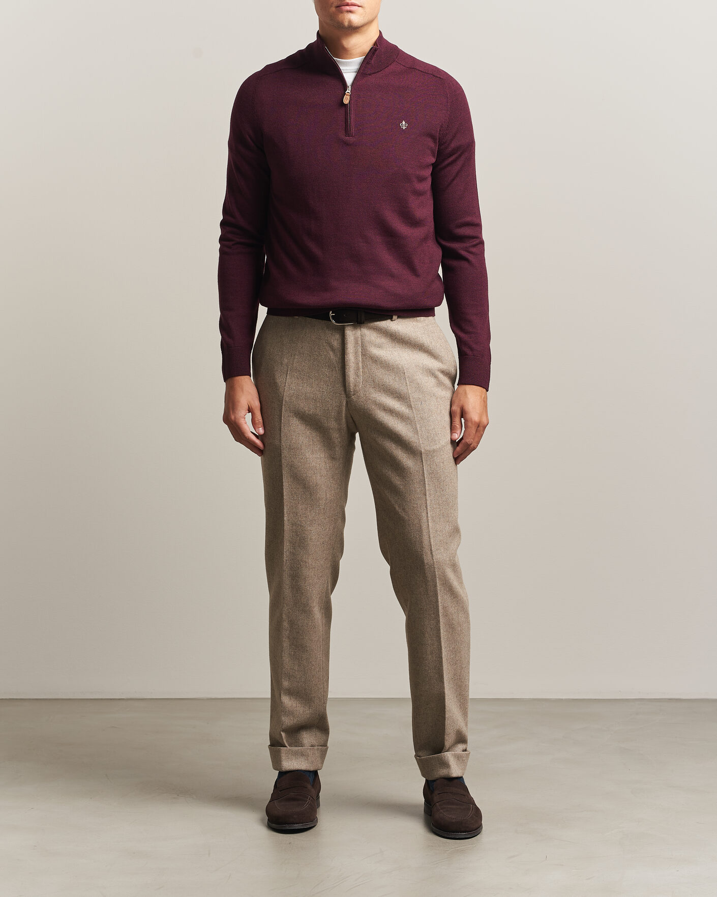 Men | Sweaters & Knitwear | Morris | John Merino Half Zip Wine Red