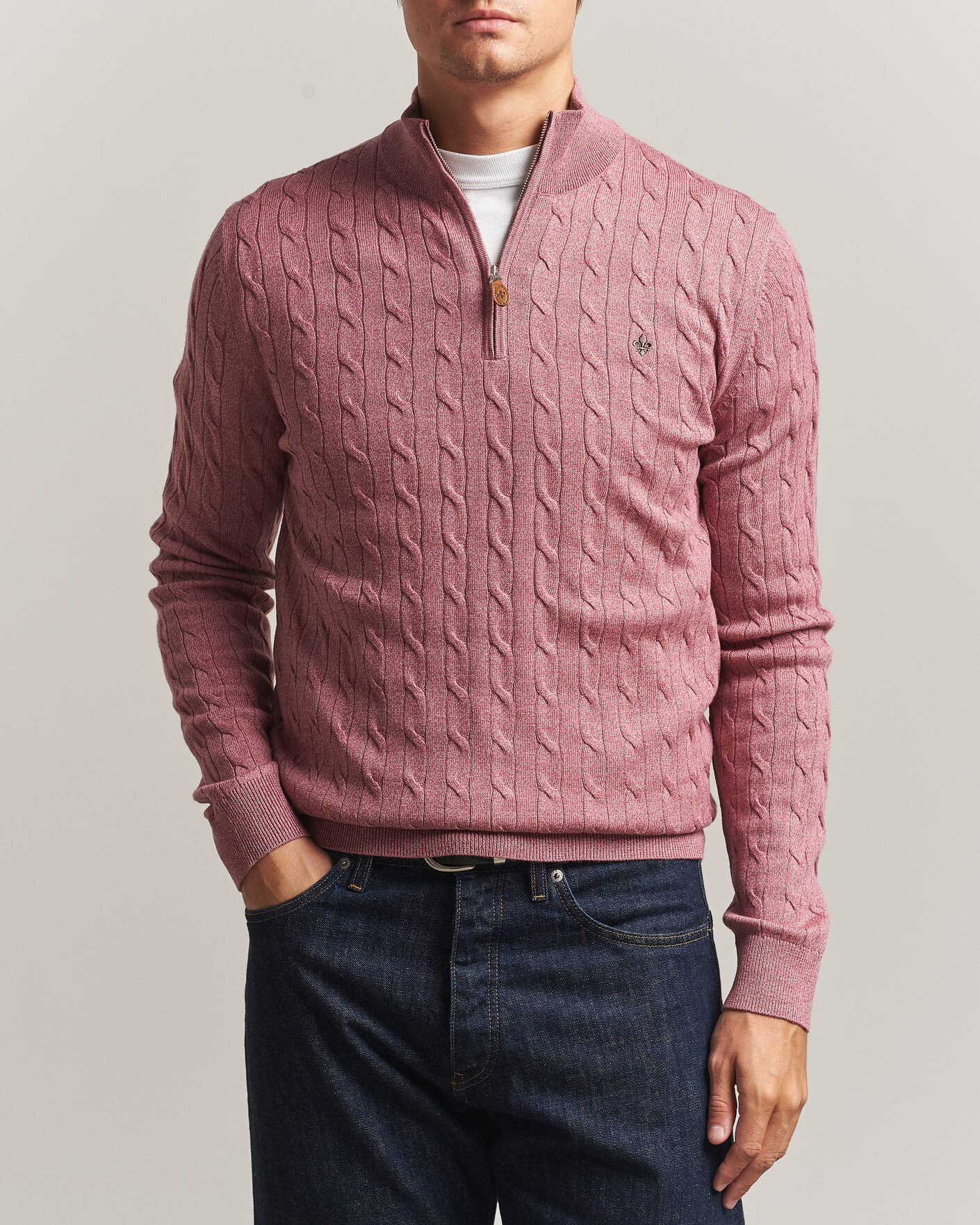 Men | Sweaters & Knitwear | Morris | Merino Cable Half Zip Cerise