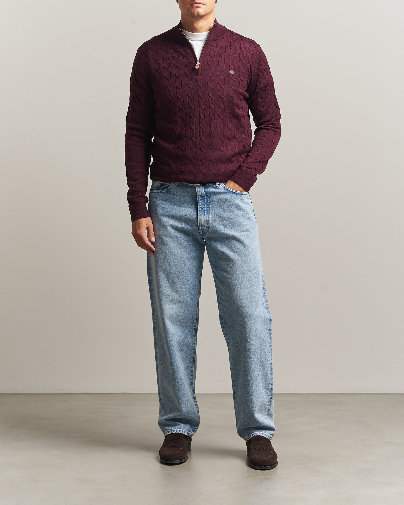 Morris Merino Cable Half Zip Wine Red at CareOfCarl.com