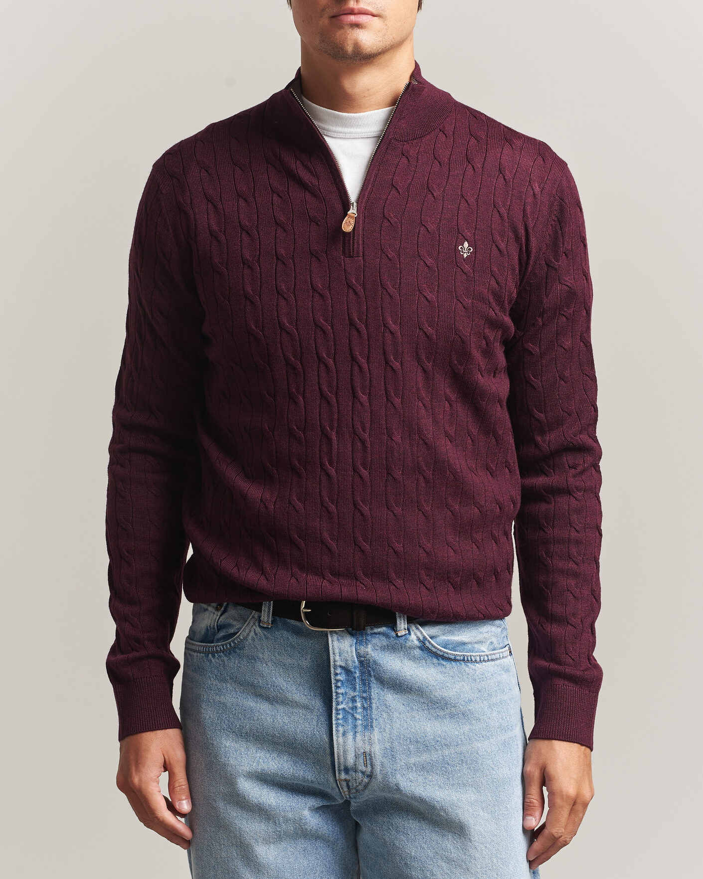 Men | Sweaters & Knitwear | Morris | Merino Cable Half Zip Wine Red