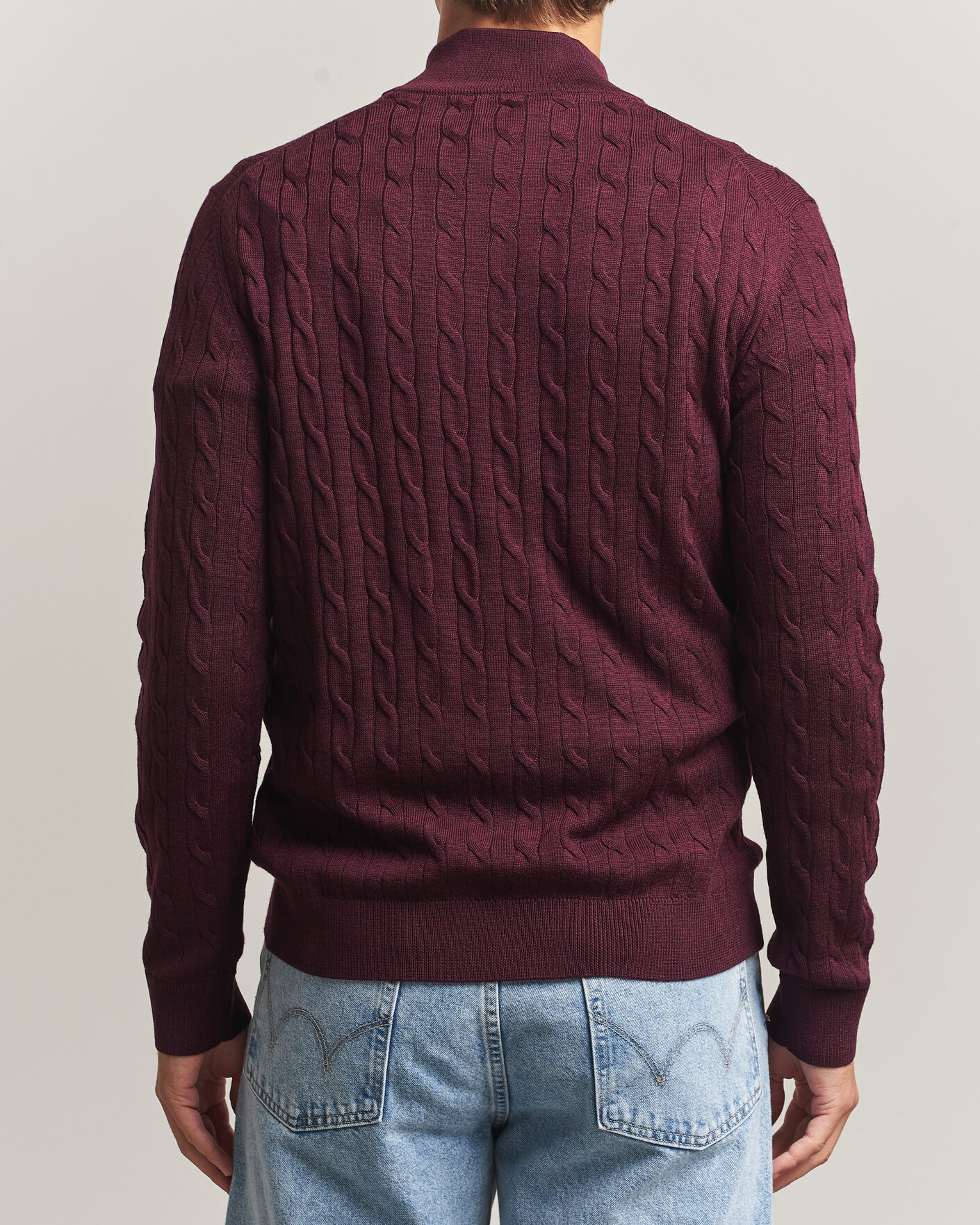 Men | Sweaters & Knitwear | Morris | Merino Cable Half Zip Wine Red