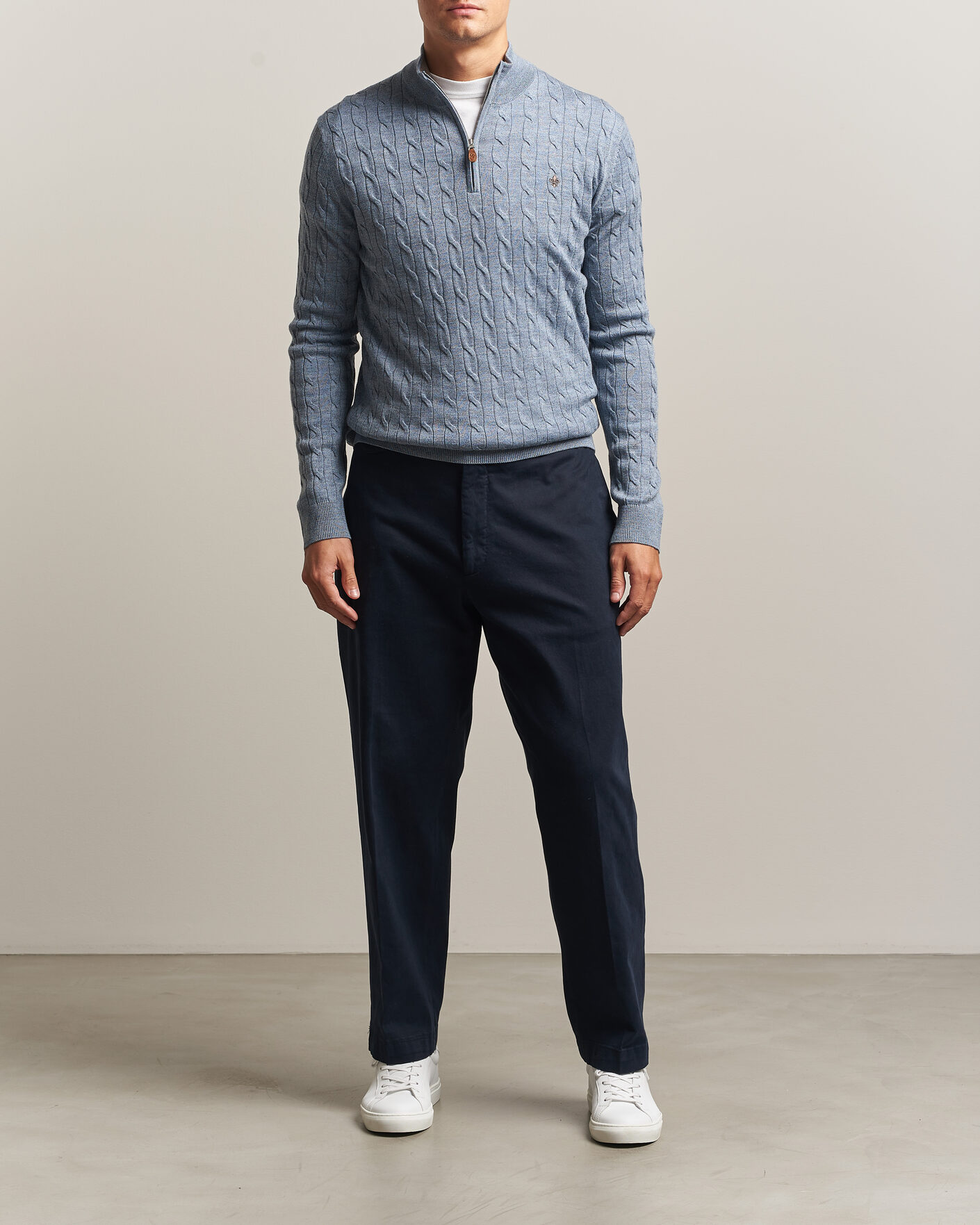 Men | Sweaters & Knitwear | Morris | Merino Cable Half Zip Light Blue