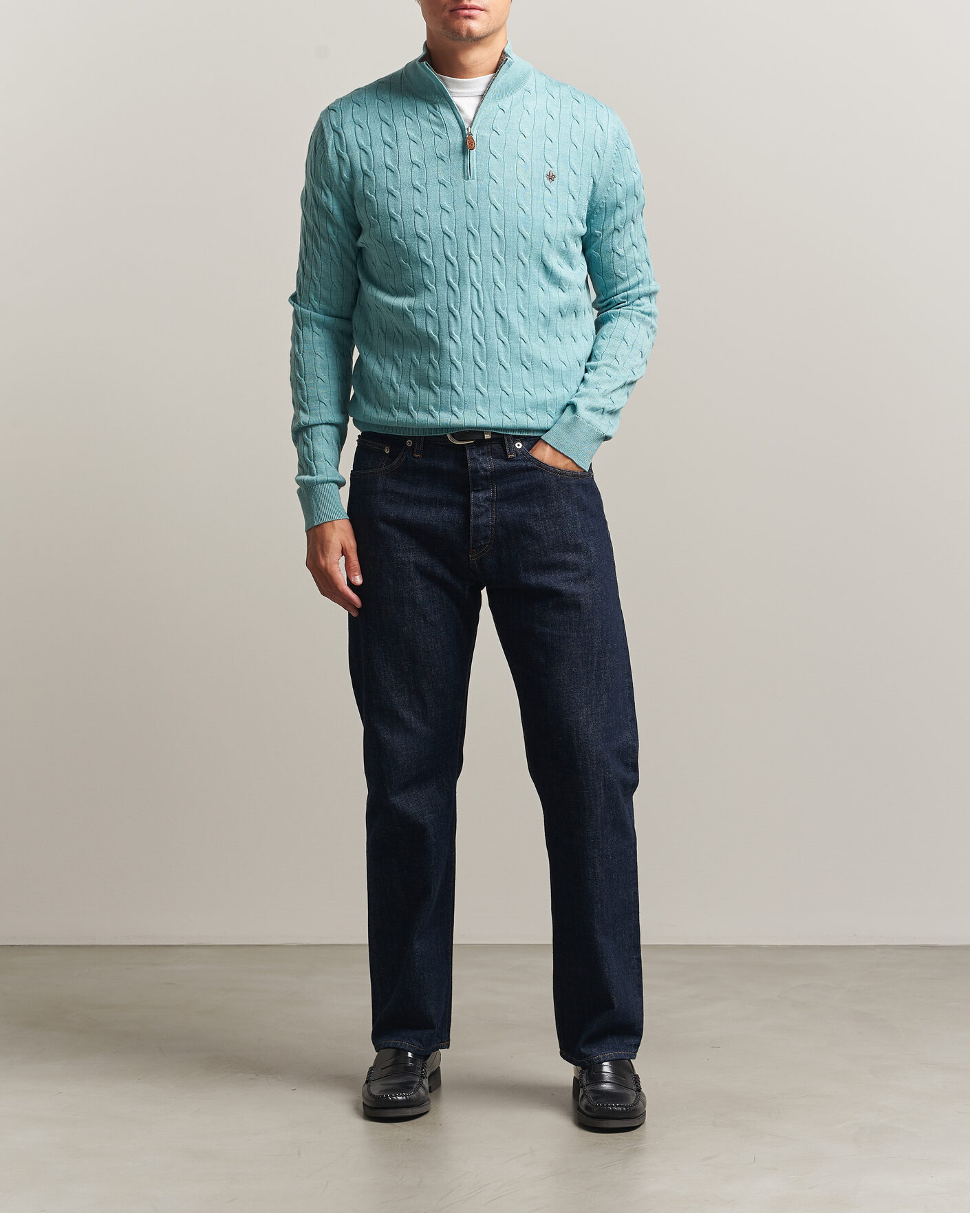 Morris Merino Cable Half Zip Ocean Blue at CareOfCarl.com