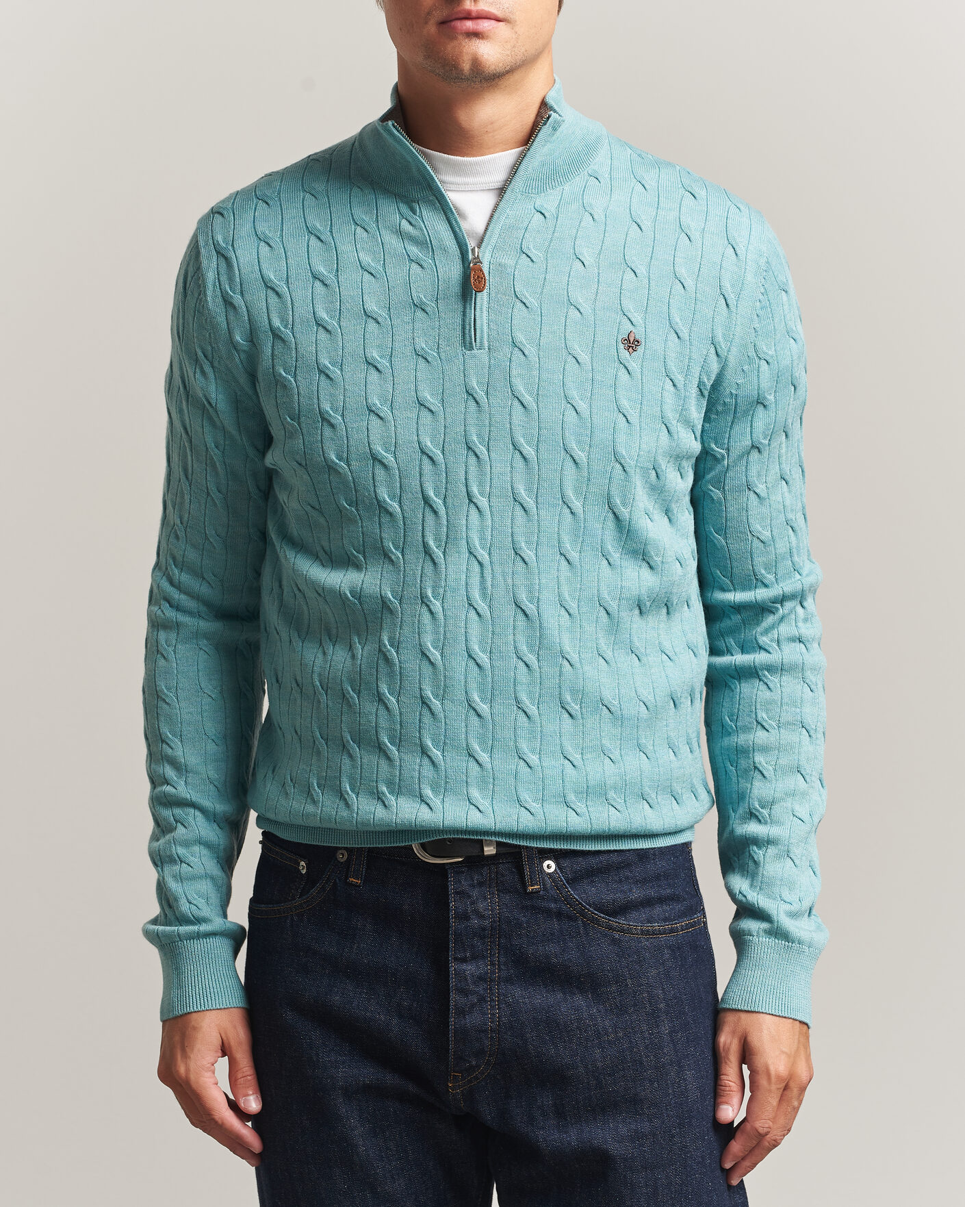Morris Merino Cable Half Zip Ocean Blue at CareOfCarl.com