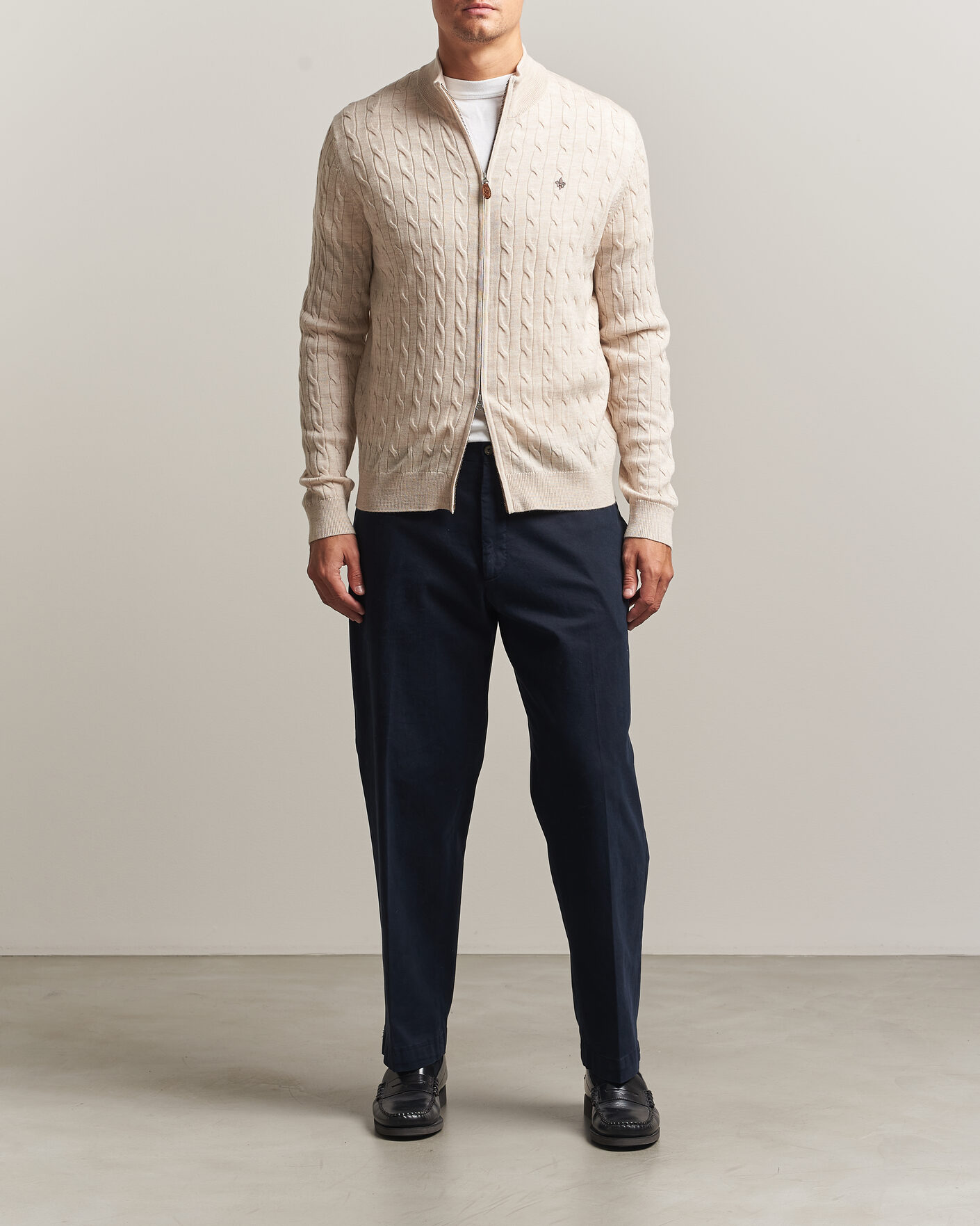 Men | Sweaters & Knitwear | Morris | Merino Cable Zip Cardigan Off White