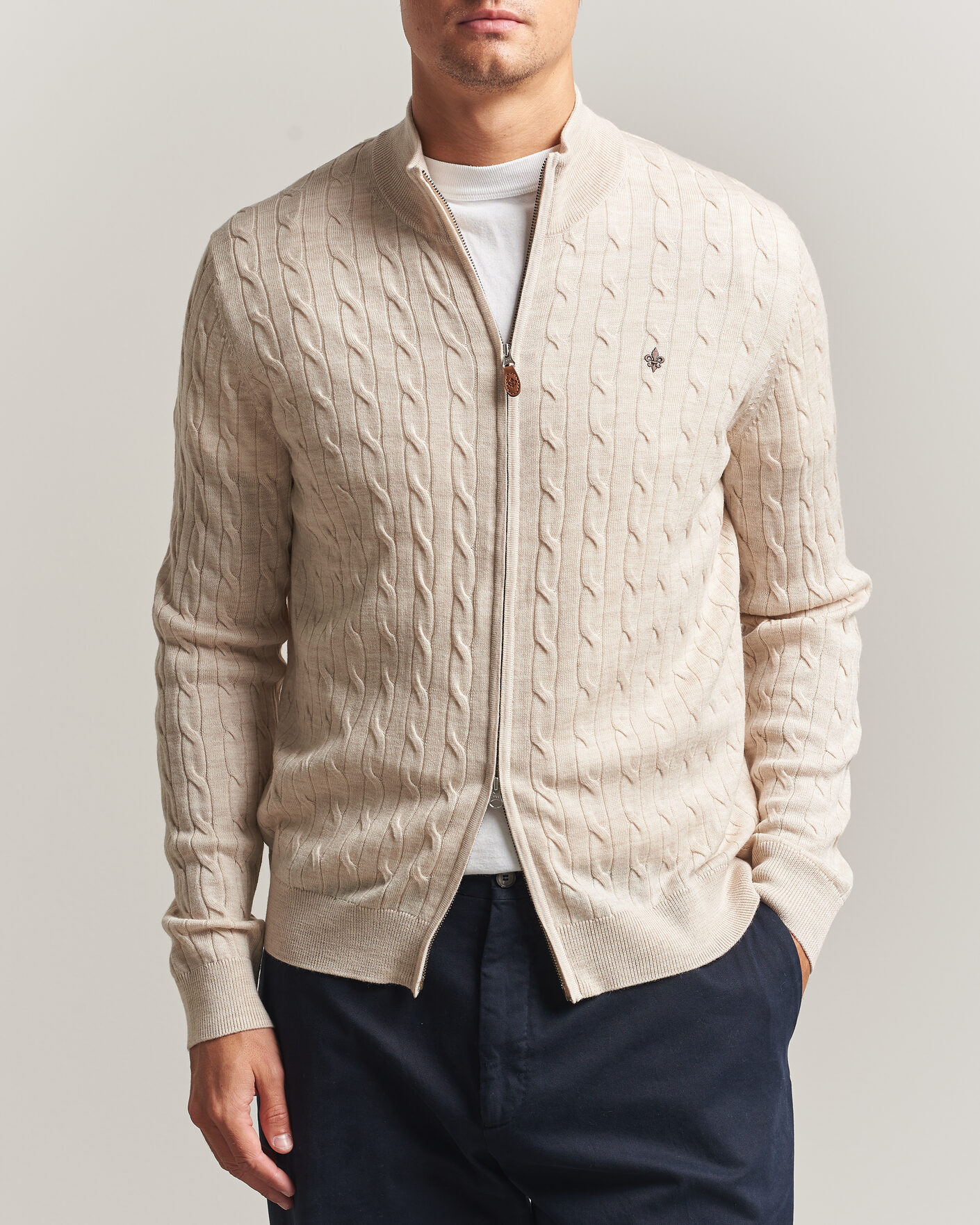 Men | Sweaters & Knitwear | Morris | Merino Cable Zip Cardigan Off White